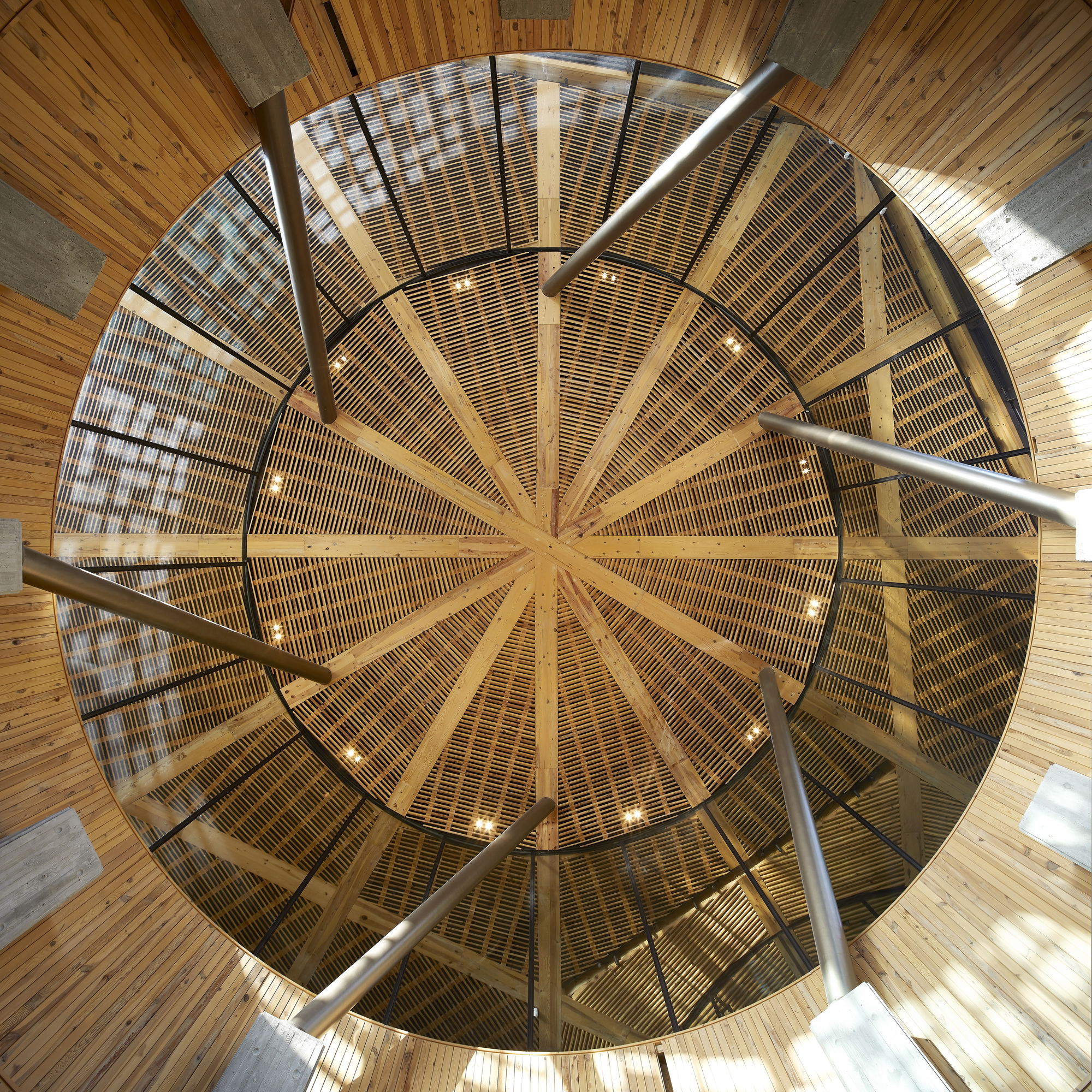 Upward view into radial timber roof structure with slatted wood panels arranged like spokes around central oculus