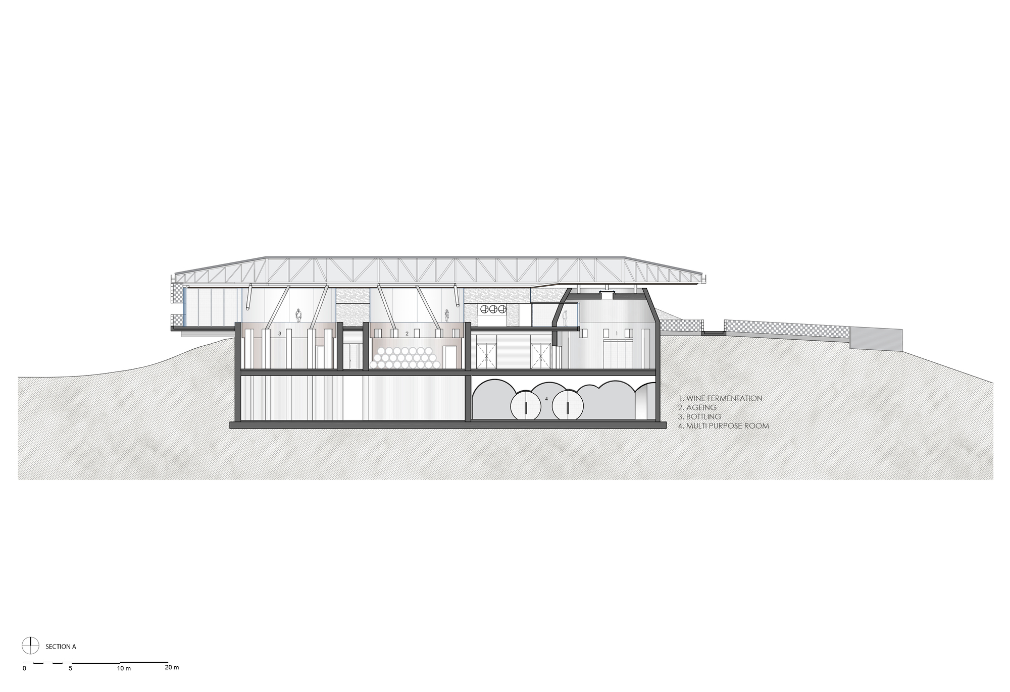 Section drawing showing interior spaces with exposed truss roof structure and underground fermentation tanks