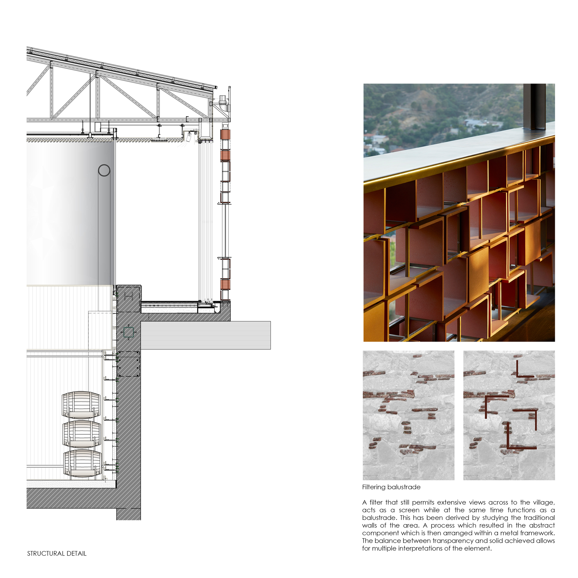 Structural detail drawing of the wall assembly with fermentation vessels below grade and filtering balustrade examples