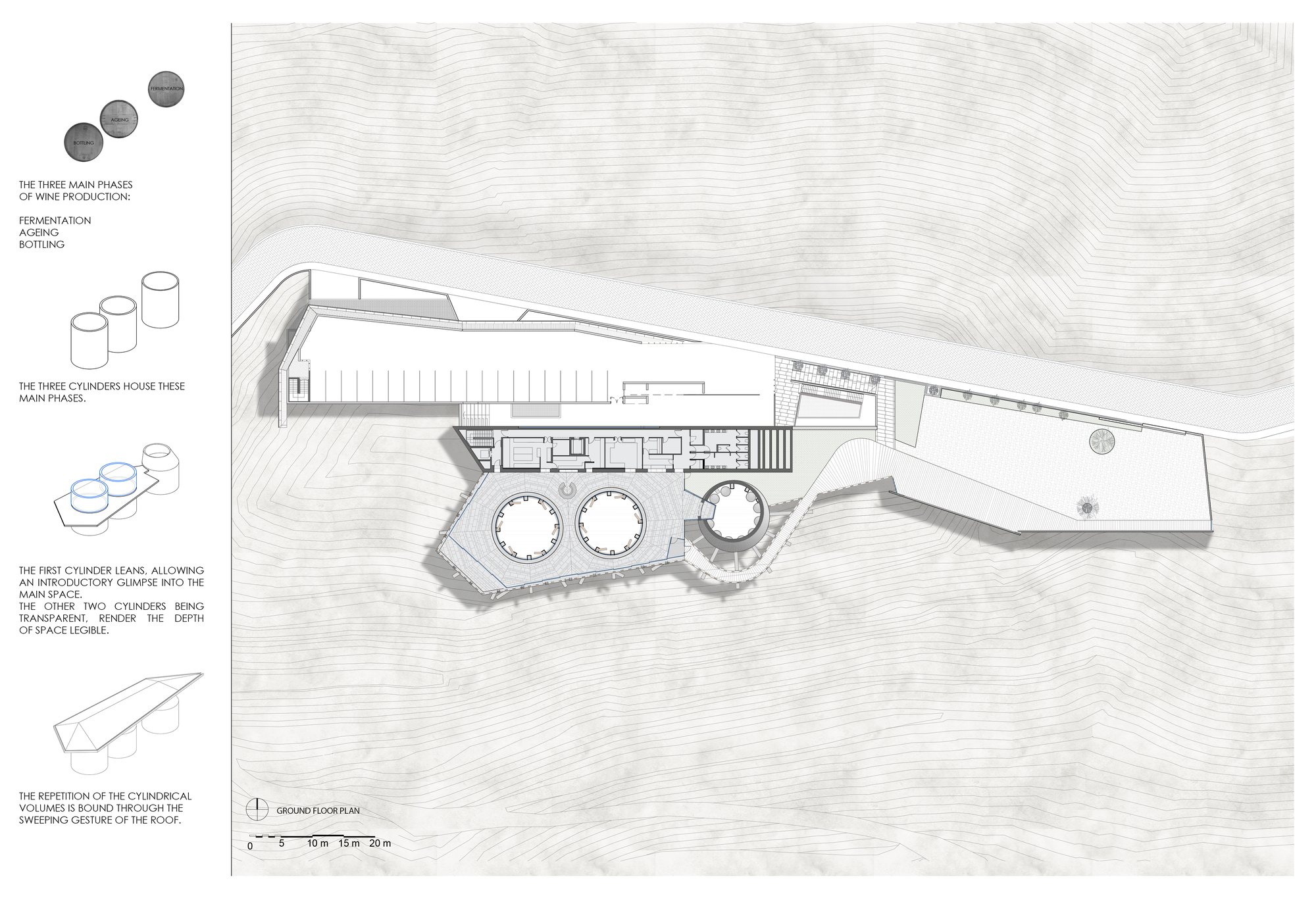 Ground floor plan drawing showing three circular production tanks and triangular wing extending across contoured terrain