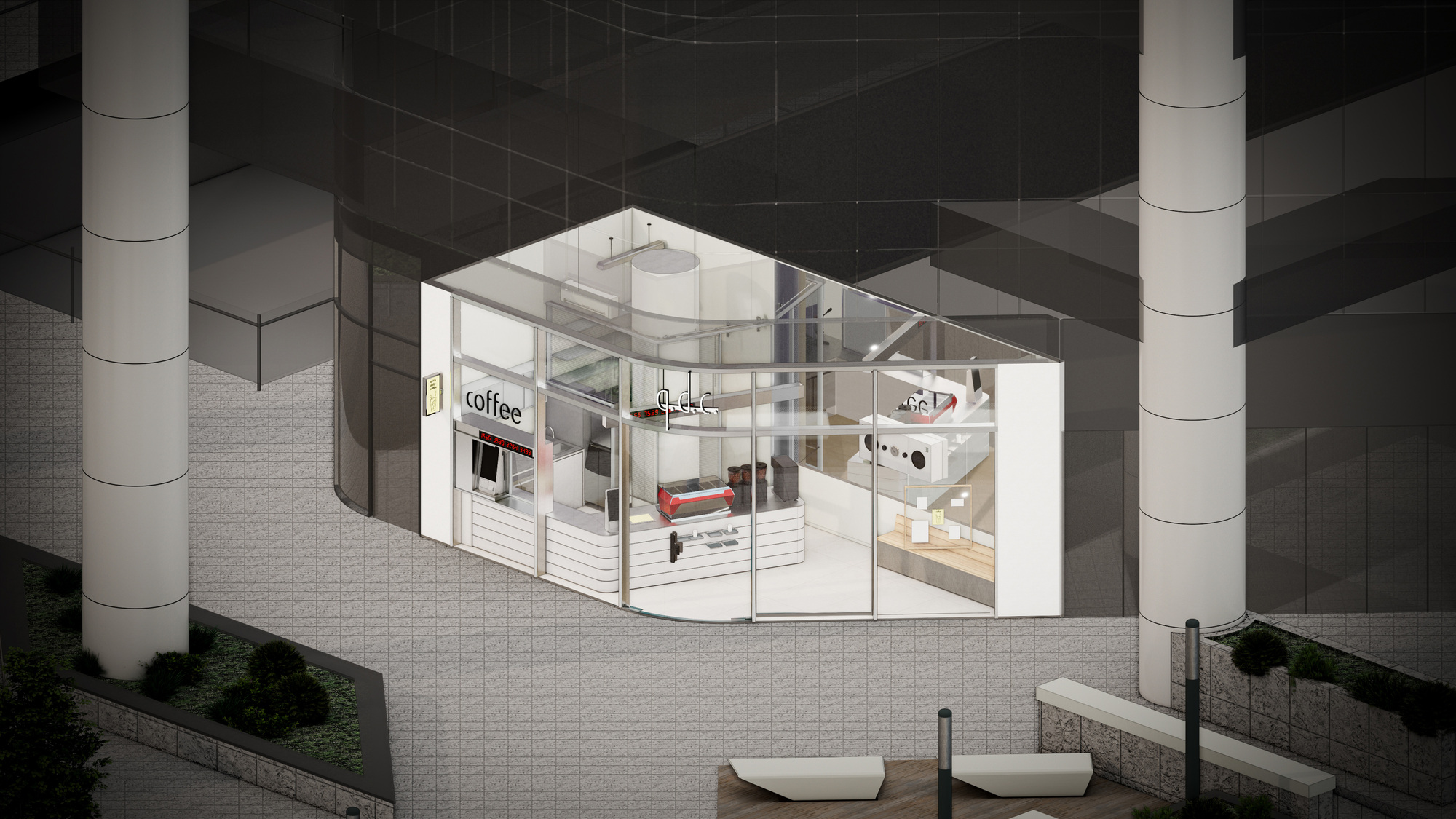 Aerial view showing the glass-walled kiosk with exposed interior counter and seating area