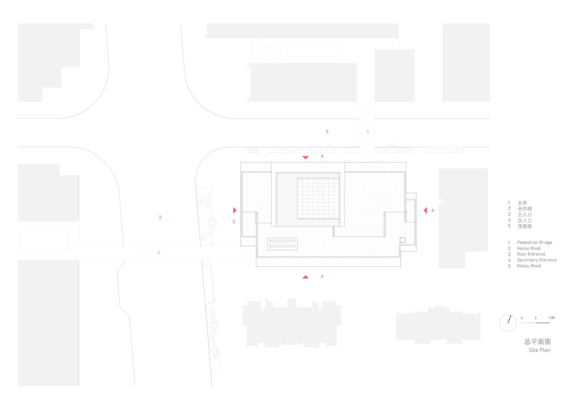Site plan drawing showing the central building footprint with surrounding streets and adjacent structures