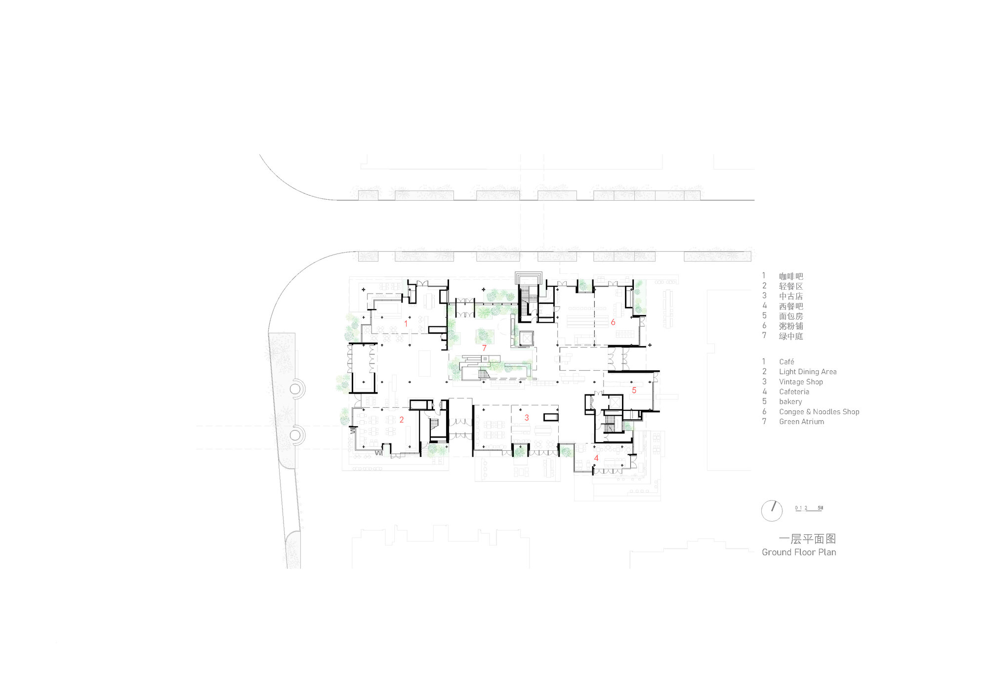 Ground floor plan drawing showing central courtyards surrounded by interconnected rooms and an adjacent curved driveway