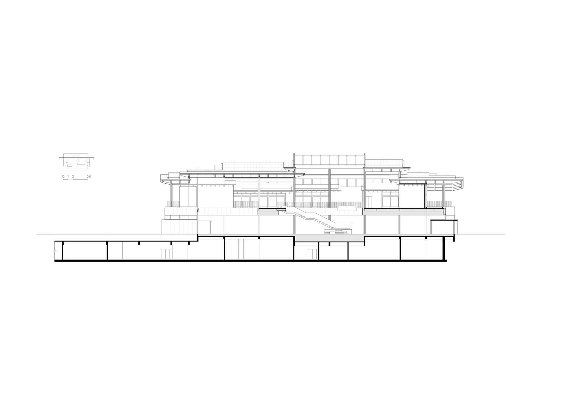 Section drawing showing the layered roof planes cantilevering over open terraces and ground-level spaces