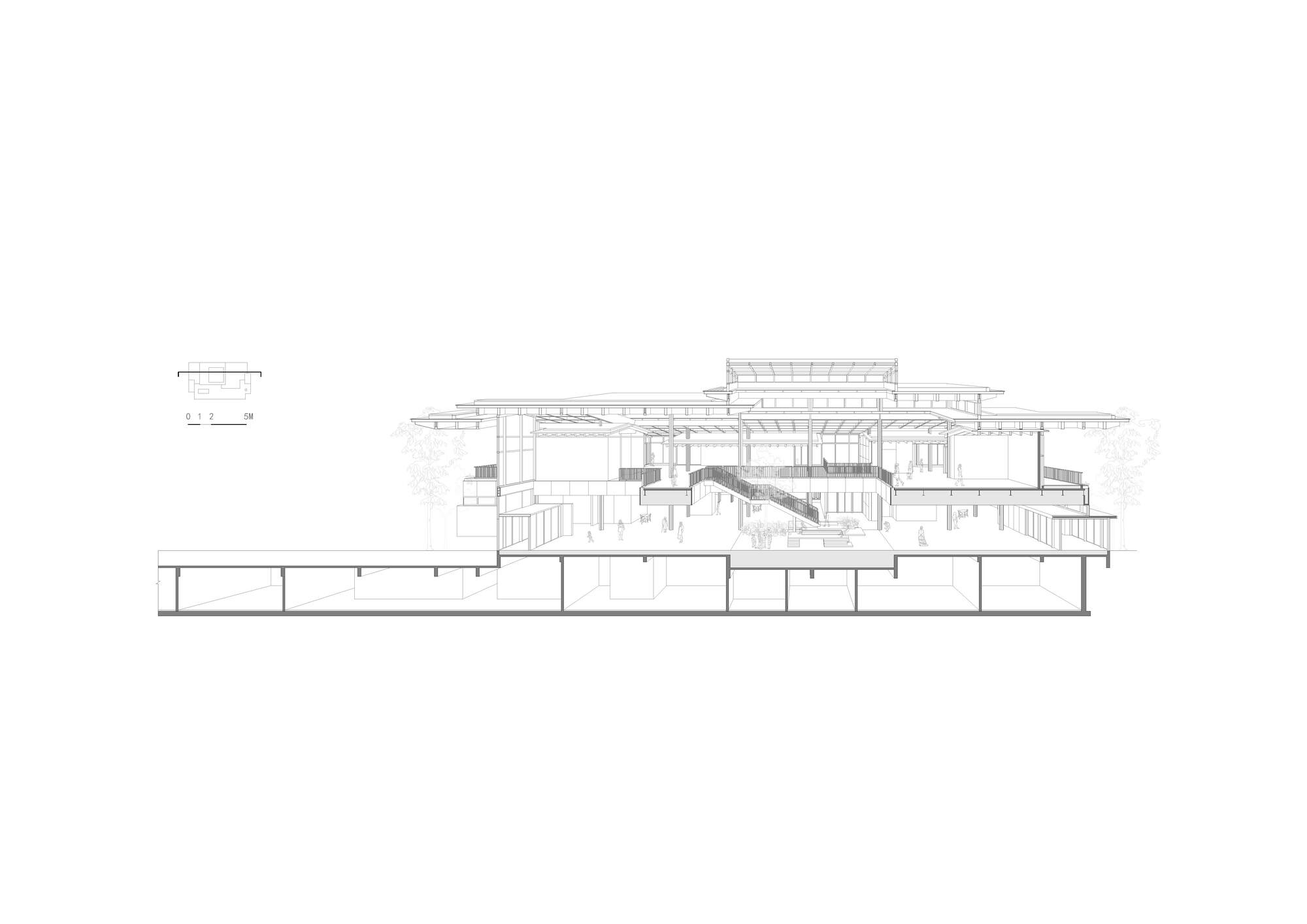 Section drawing featuring a diagonal staircase connecting multiple levels beneath the overhanging roof assembly