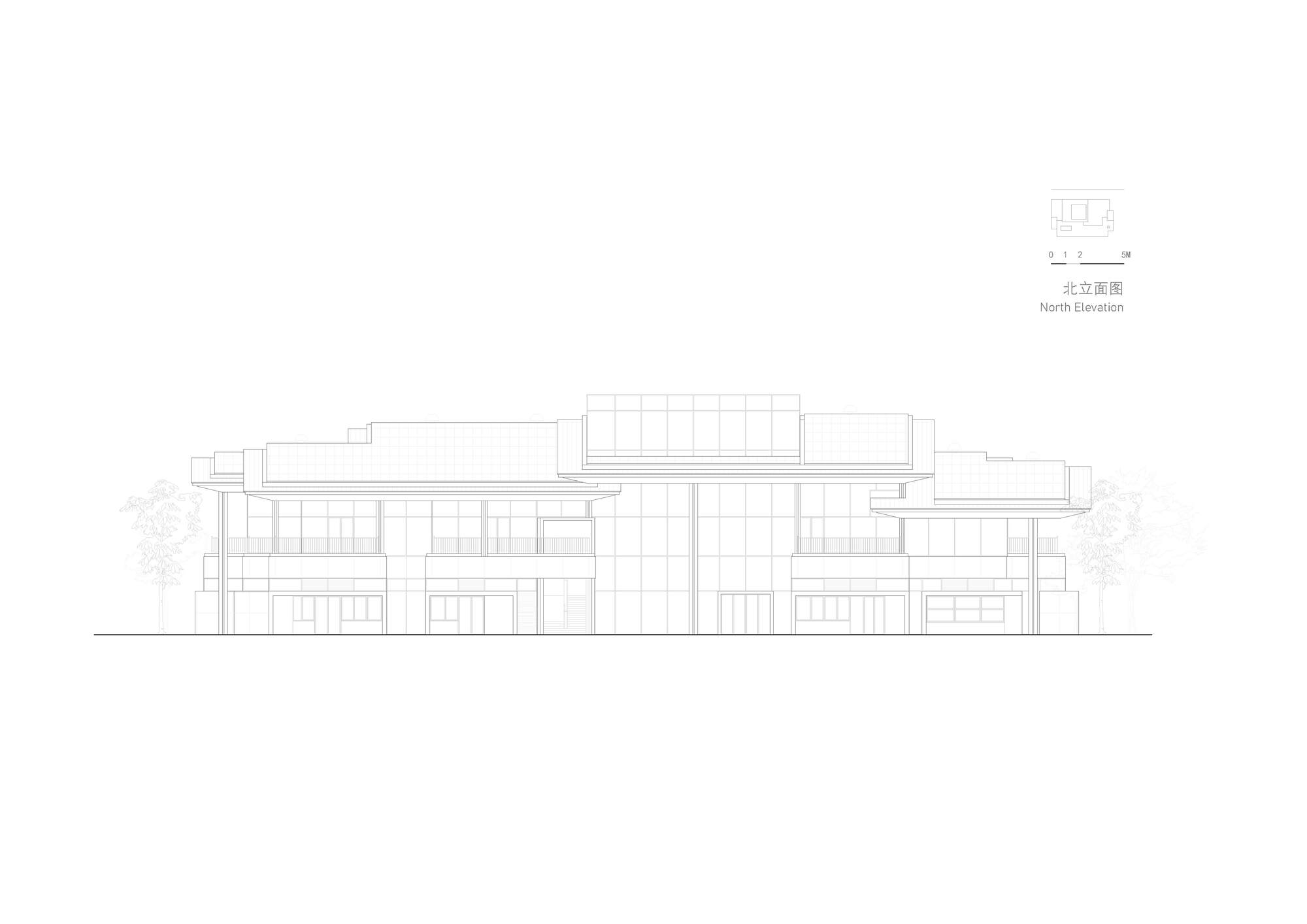 North elevation drawing showing a multi-level structure with horizontal planes and flanking trees