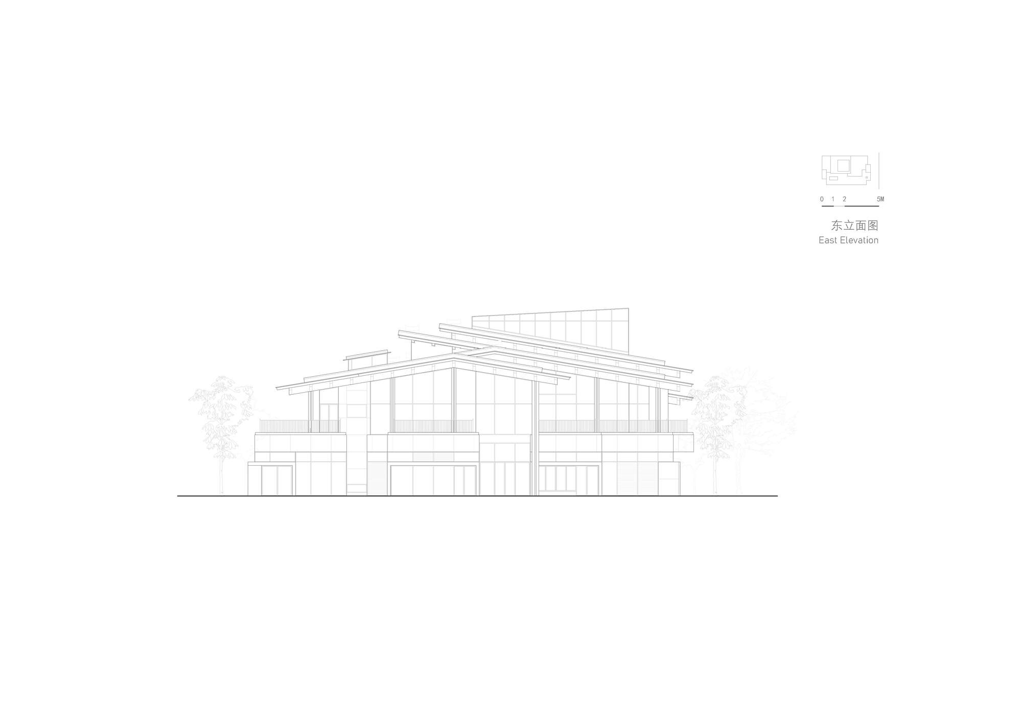 East elevation drawing displaying angled roof planes and a two-story glazed facade with vegetation