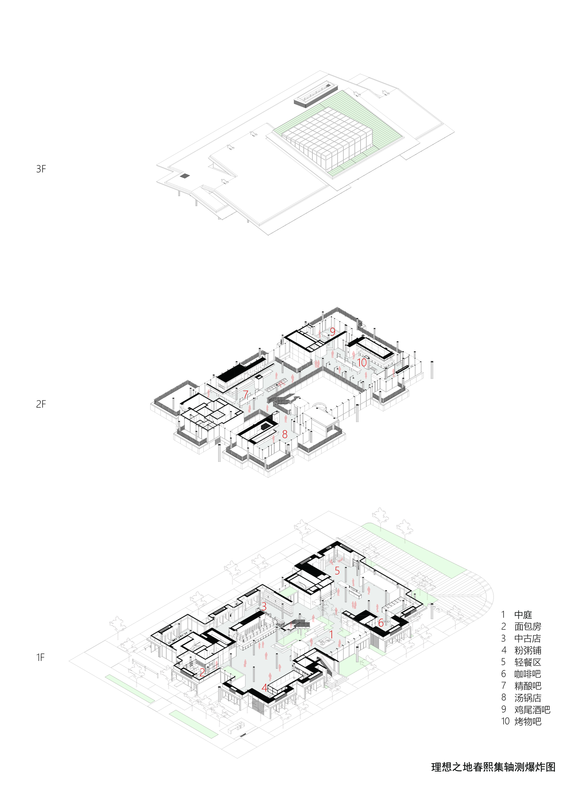 Axonometric drawing showing three floor levels with interior layouts and green courtyard spaces