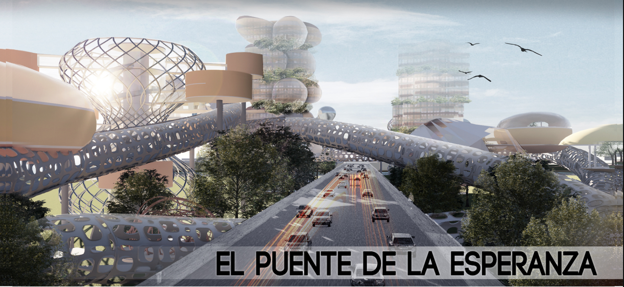 Futuristic bridge transforming a border into a multi-layered humanitarian habitat