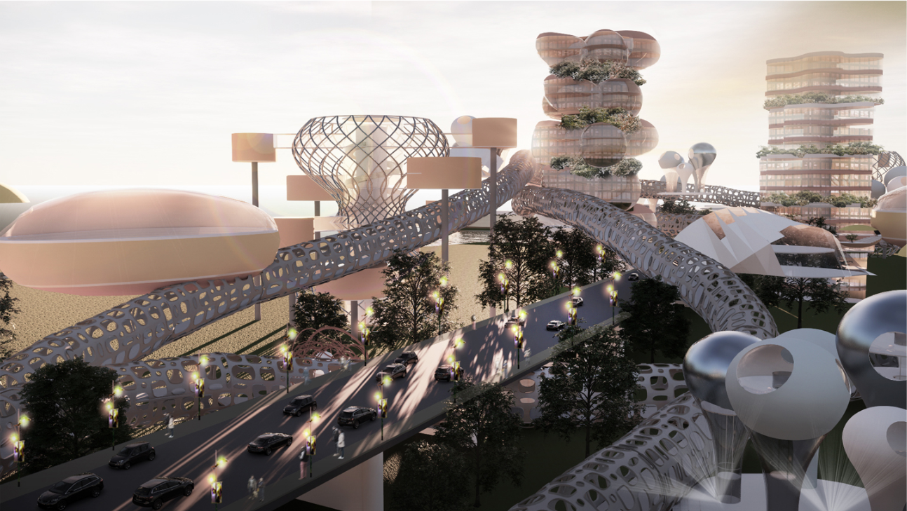 Elevated bridge network integrating mobility with inhabitable architectural forms