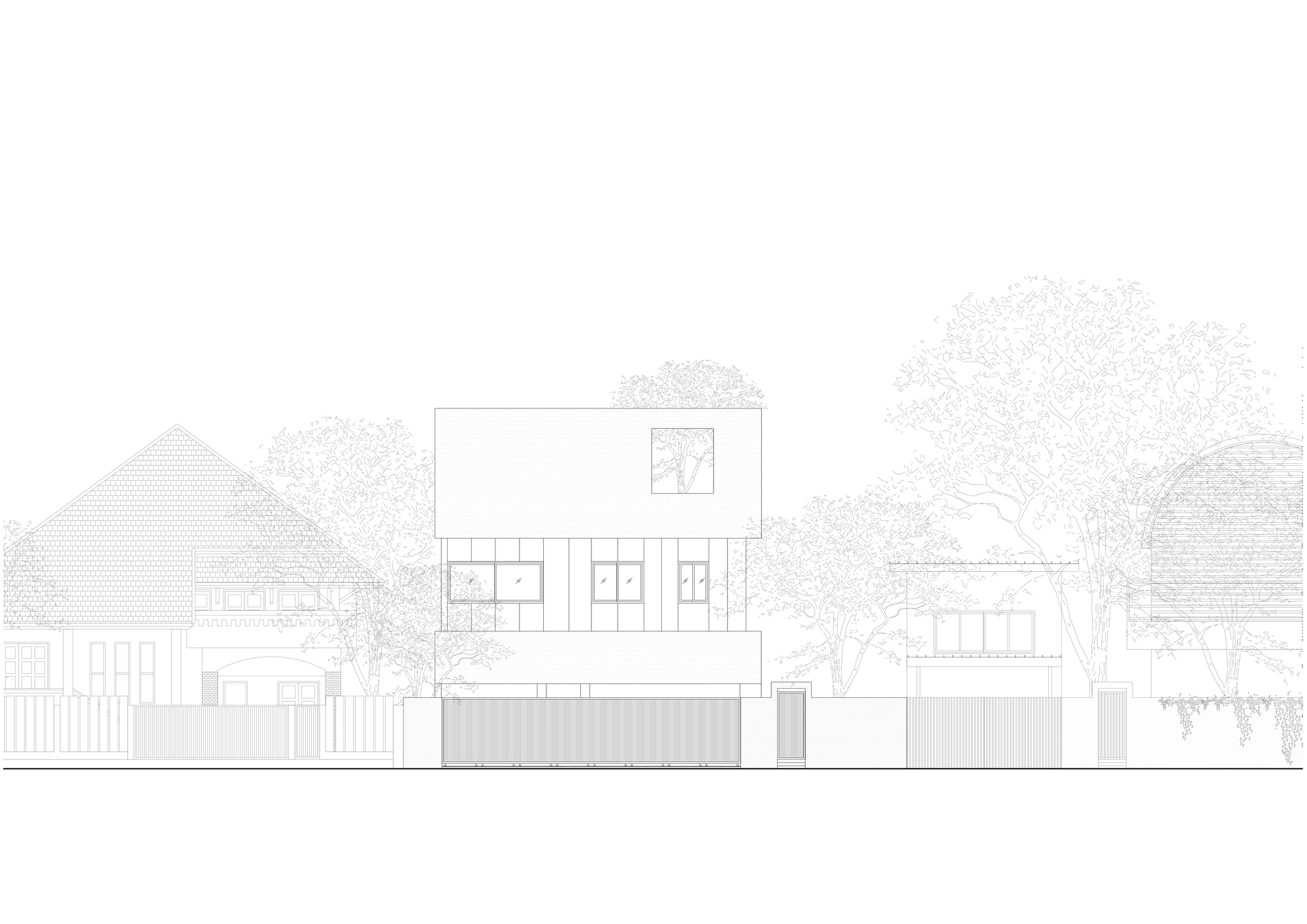 Street elevation drawing showing a three-storey volume between adjacent residential buildings and trees