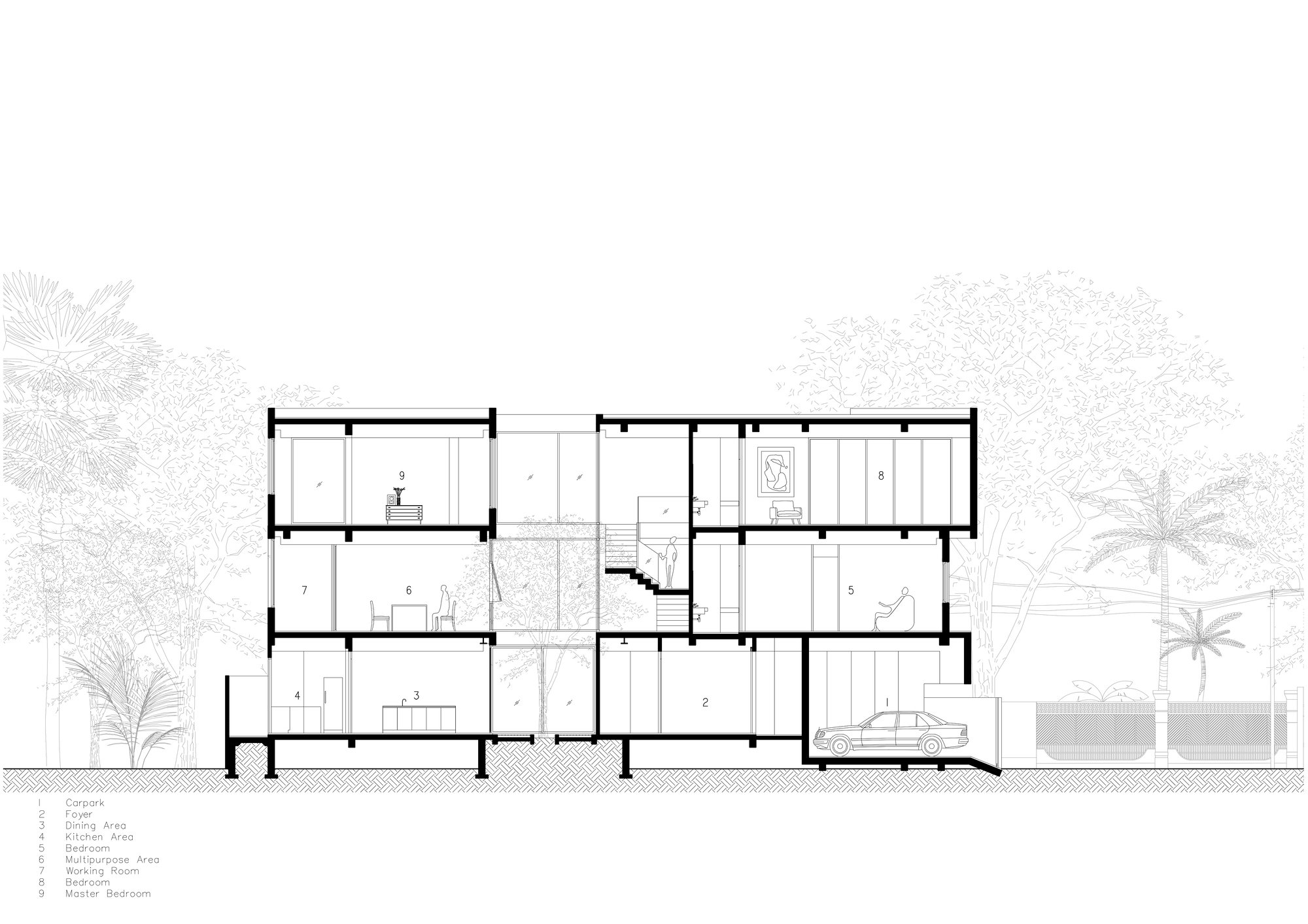 Section drawing revealing interior spaces organized around a central courtyard and stairwell