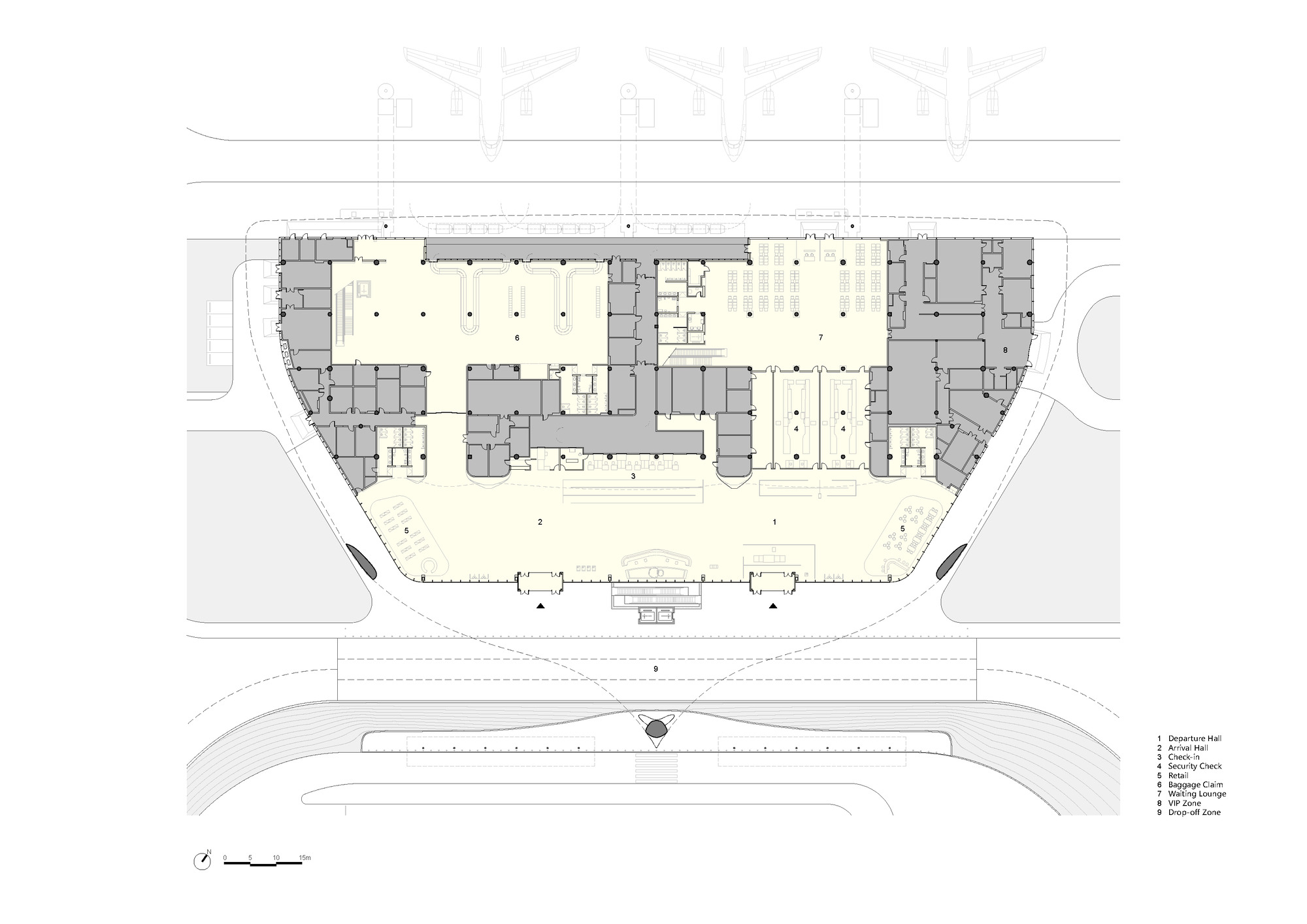 Floor plan drawing showing an arched plaza below and gridded interior spaces above with street context
