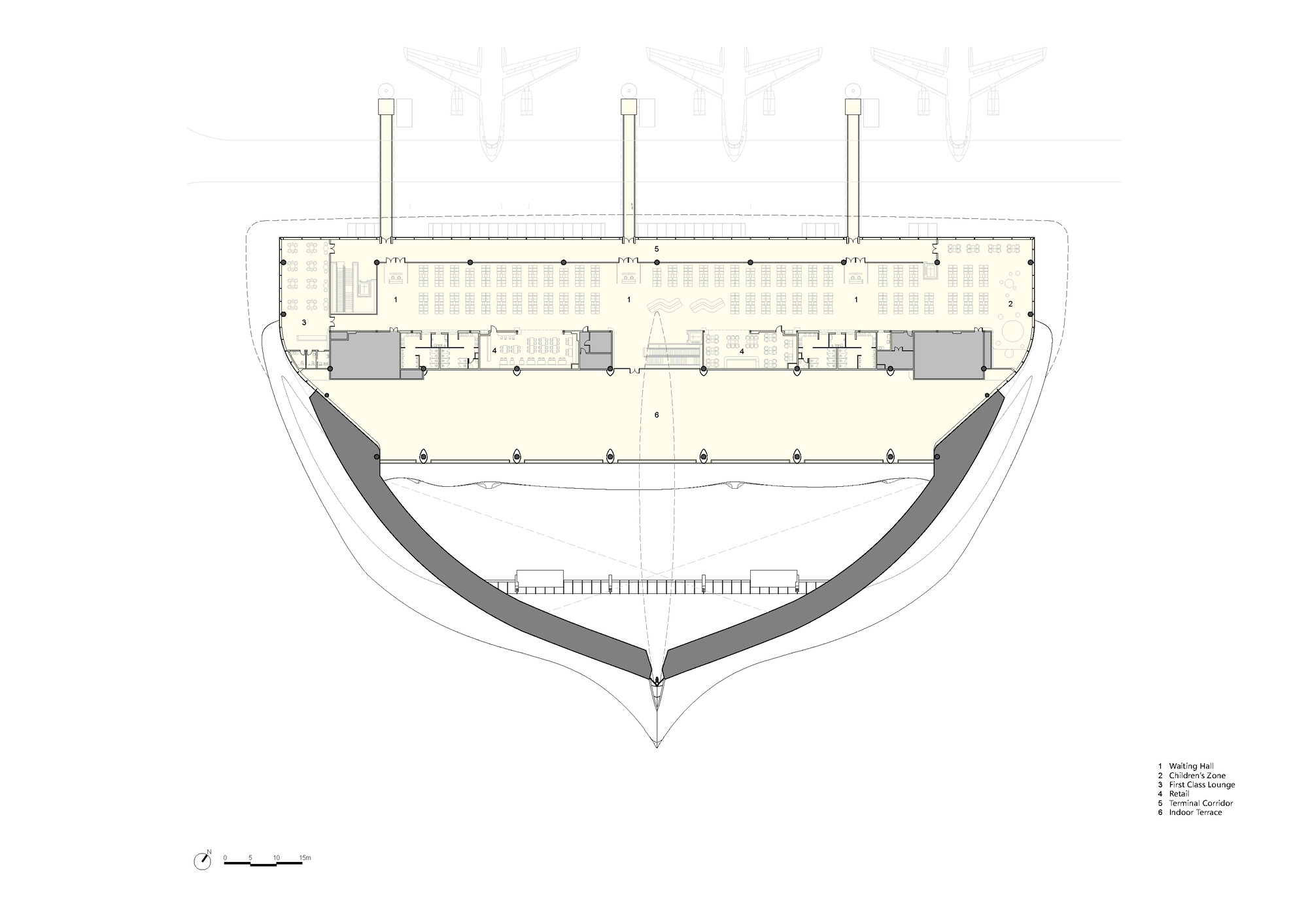 Upper level floor plan drawing with a curved southern edge and three vertical circulation towers