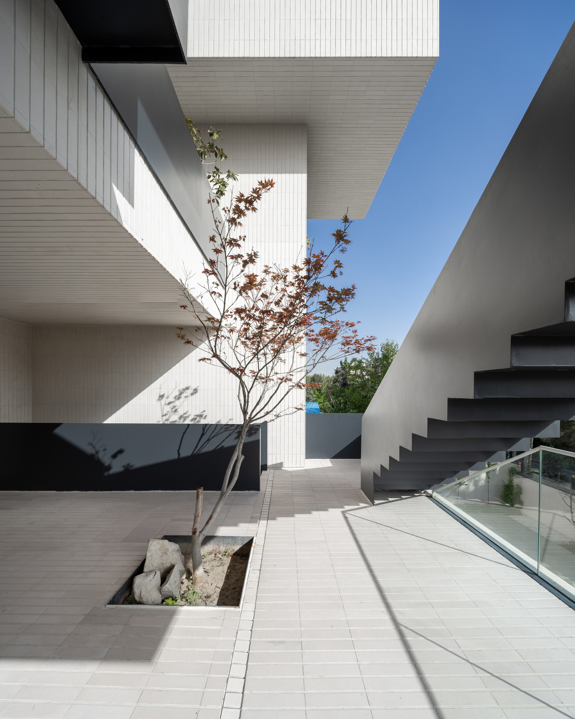 Exterior terrace with a planted tree bed, black metal stairs and white fluted wall surfaces in daylight