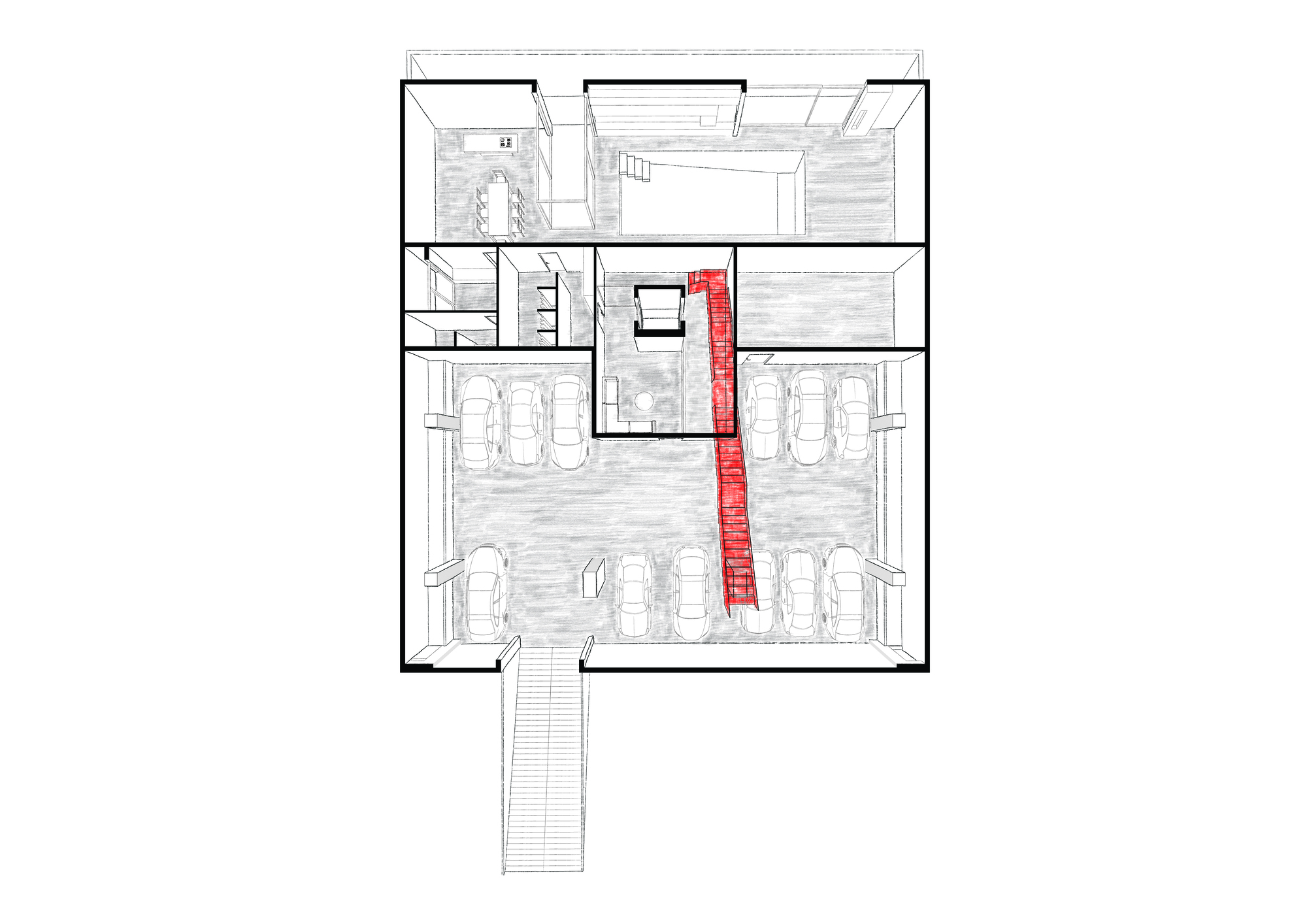 Floor plan drawing showing basement parking level with central staircase highlighted in red