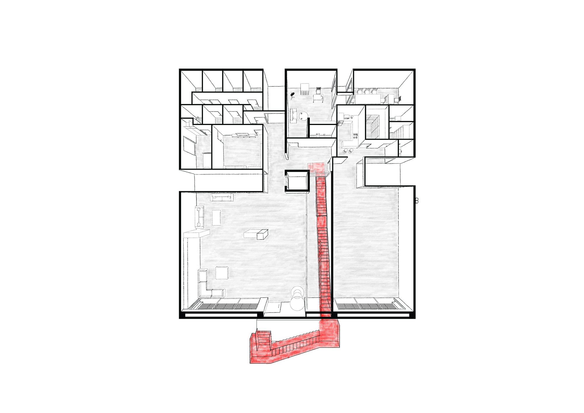 Floor plan drawing showing ground level with double-height spaces and angled red stair volume