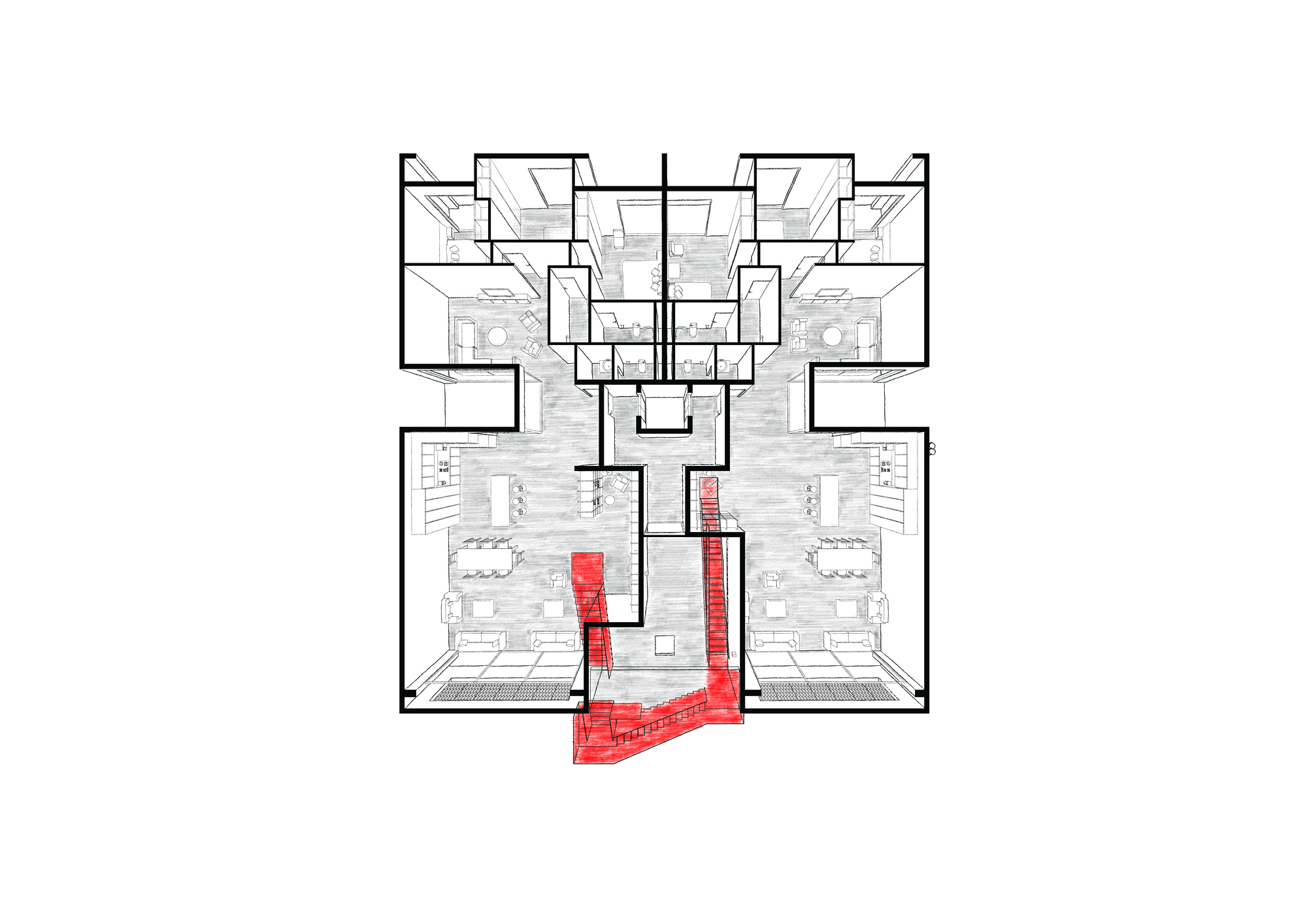 Floor plan drawing showing upper residential level with symmetrical units and red stair circulation