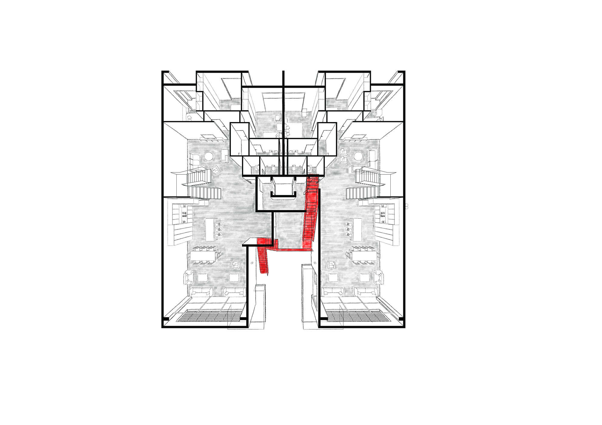 Floor plan drawing showing top floor with paired balconies and red highlighted vertical circulation