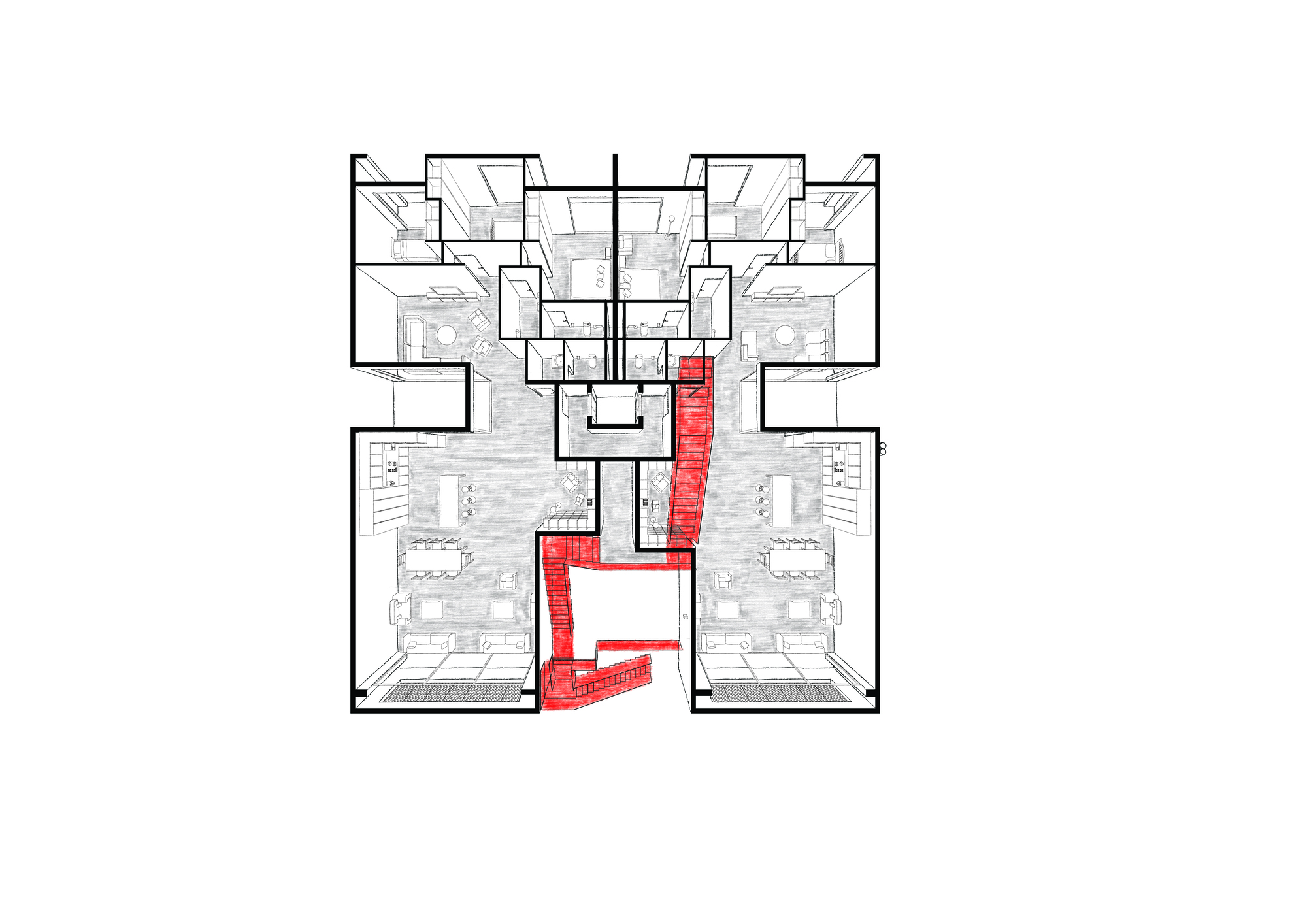 Floor plan drawing showing residential units surrounding a central circulation core with red highlighted staircase