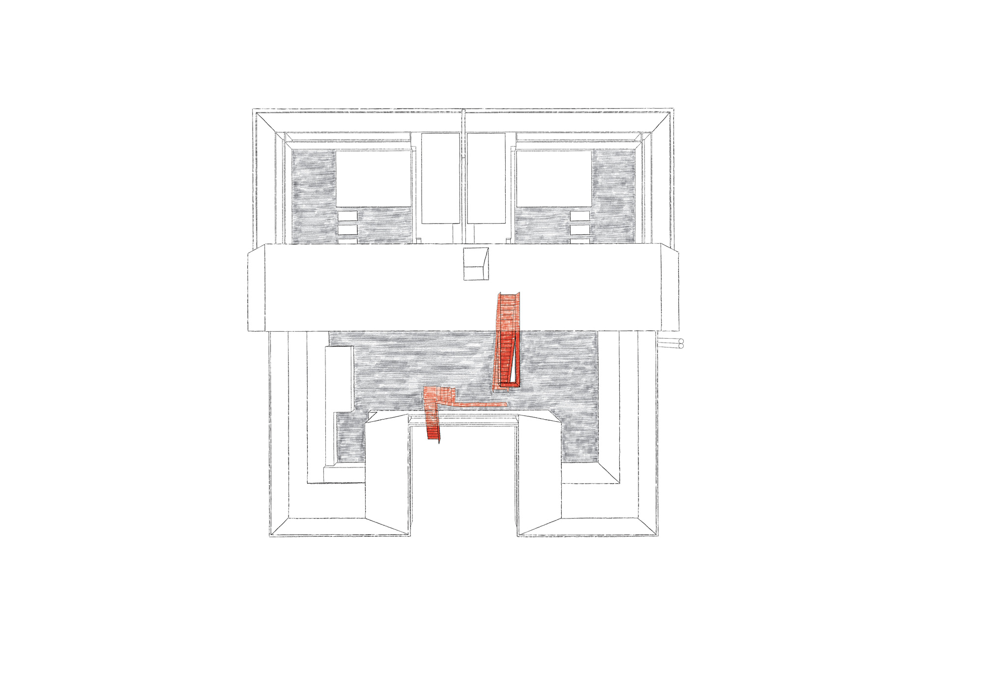 Axonometric drawing revealing the multi-story staircase in red connecting upper residential levels