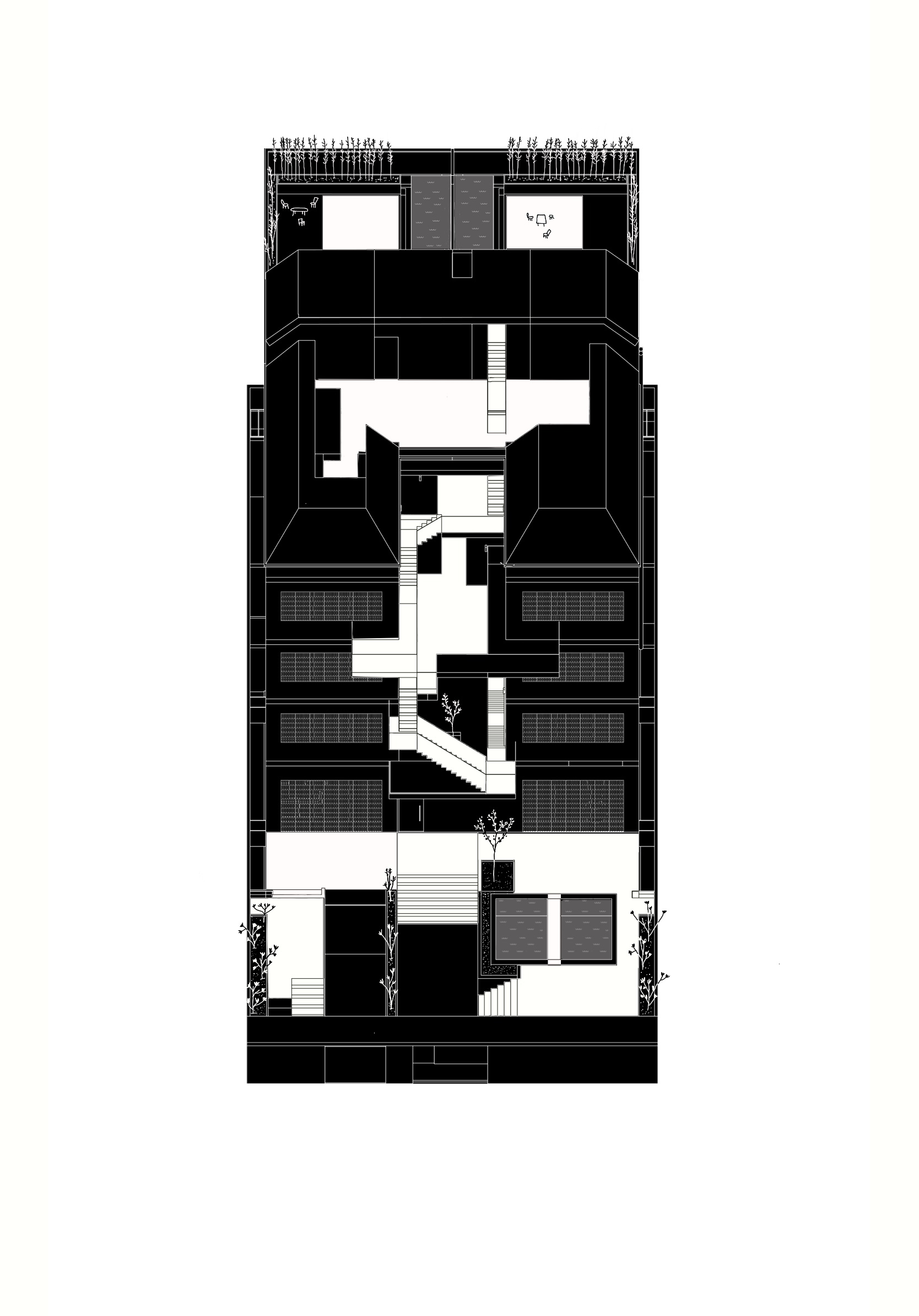 Section drawing displaying the vertical arrangement of units with central staircase and circulation