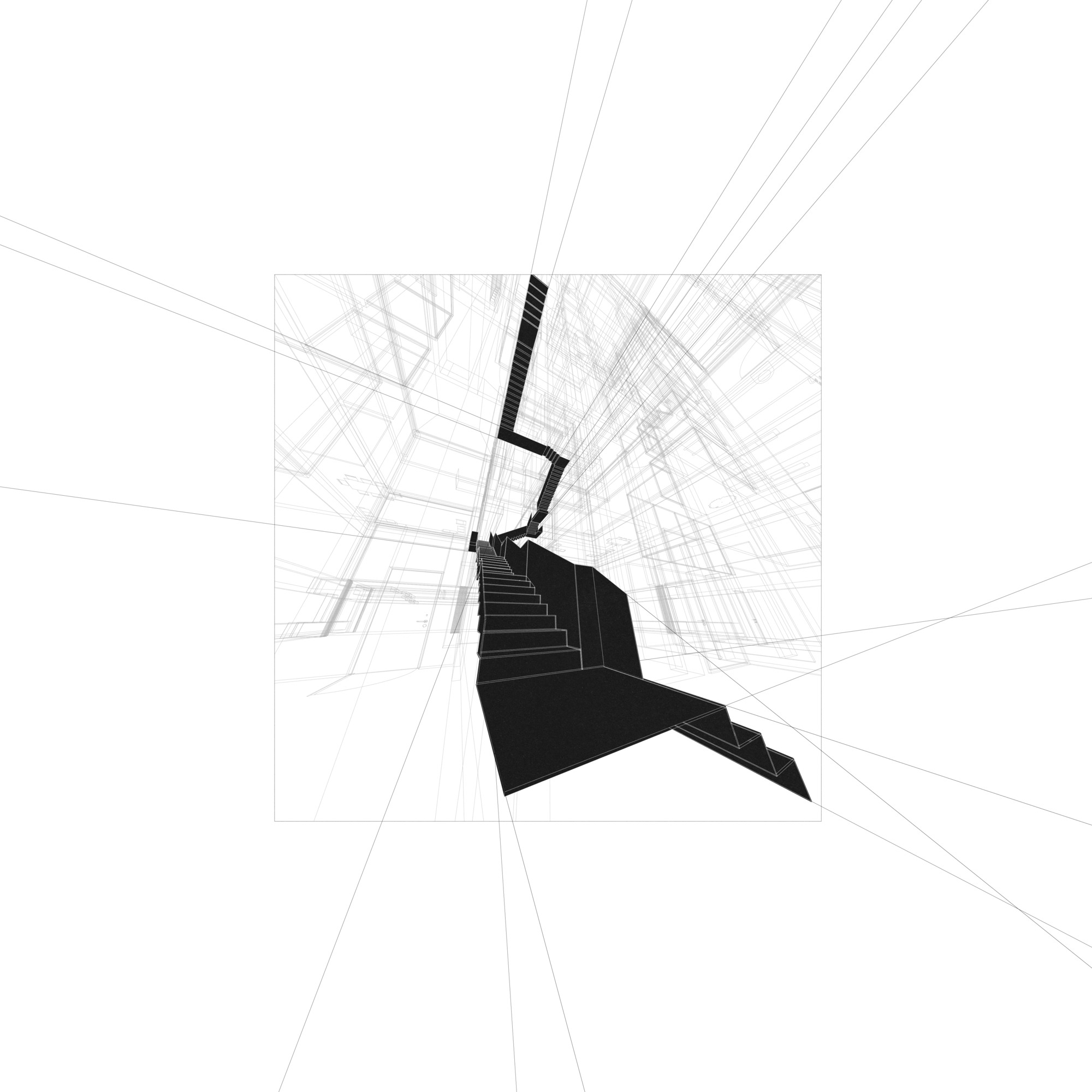 Axonometric drawing showing a staircase ascending through an angular void with perspective wireframe overlay