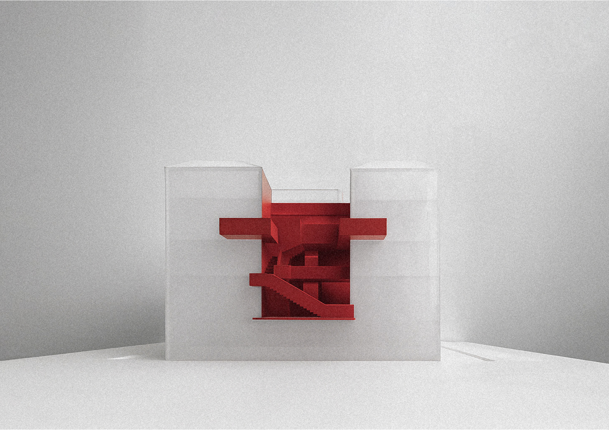 Physical section model with translucent white walls revealing red interior stairs and platforms