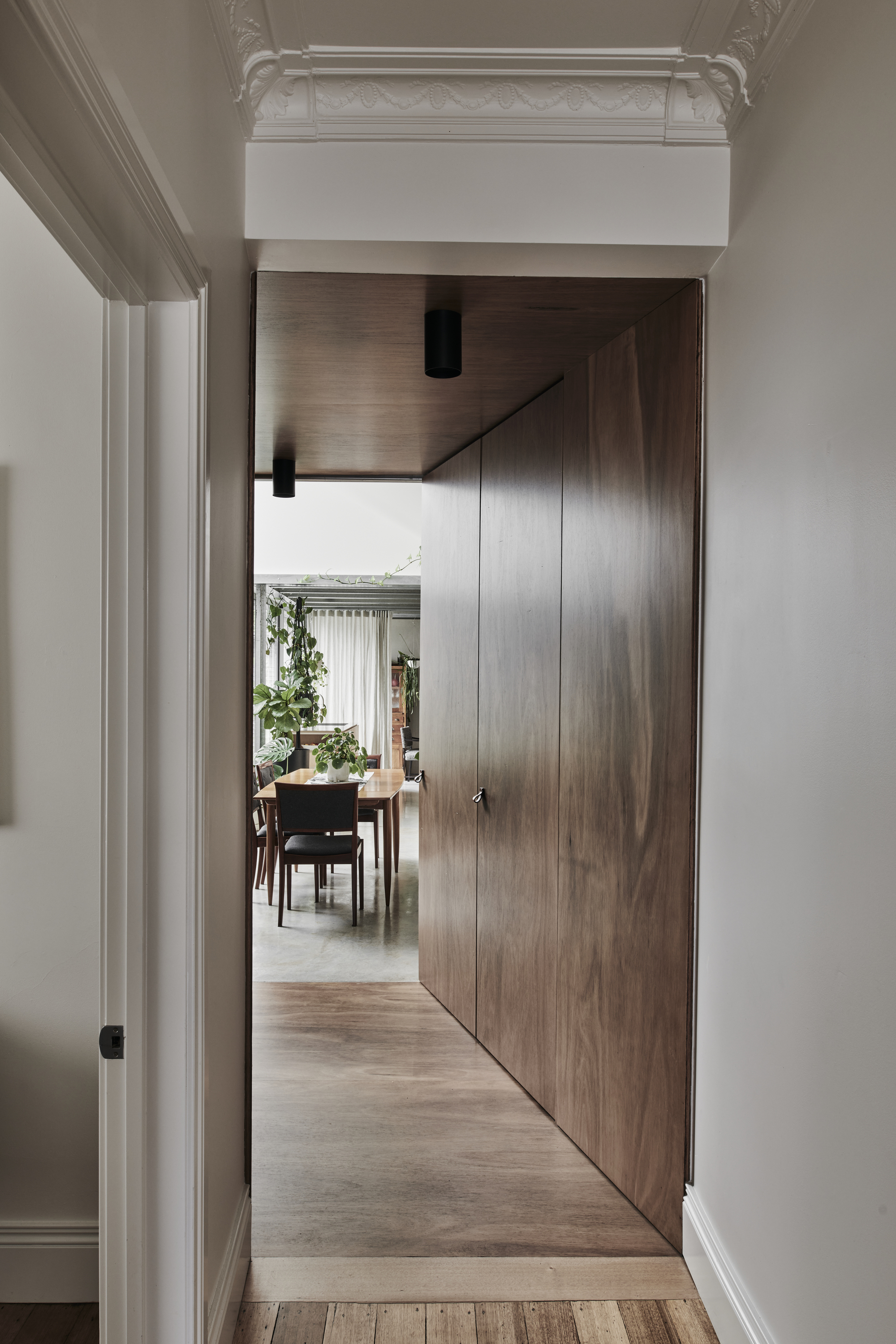 Timber veneer pivot door framed by white plaster walls with ornate ceiling molding visible above