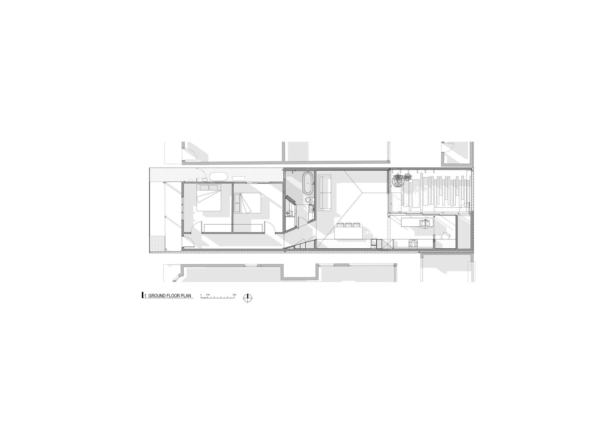 Ground floor plan showing a linear layout with bedrooms, bathroom, and deck spaces
