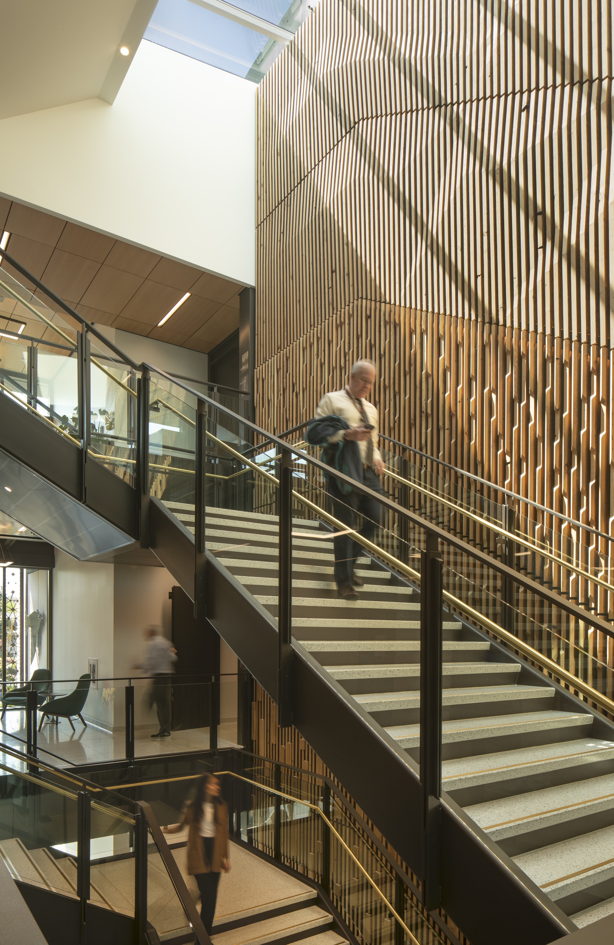Central staircase ascending past a curved vertical timber slat wall beneath a skylight