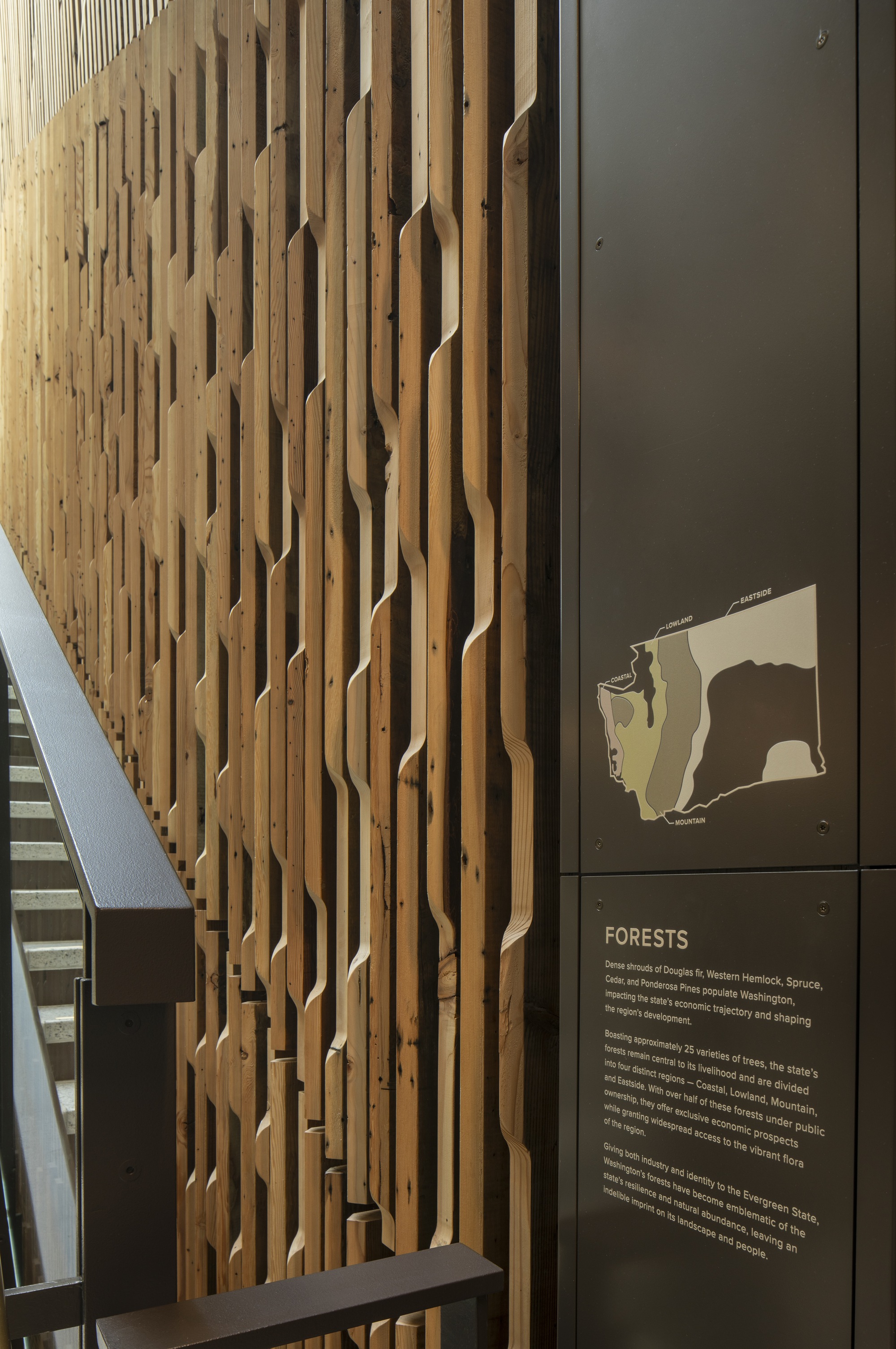Vertical timber slat wall with routed patterns beside a dark metal panel and staircase