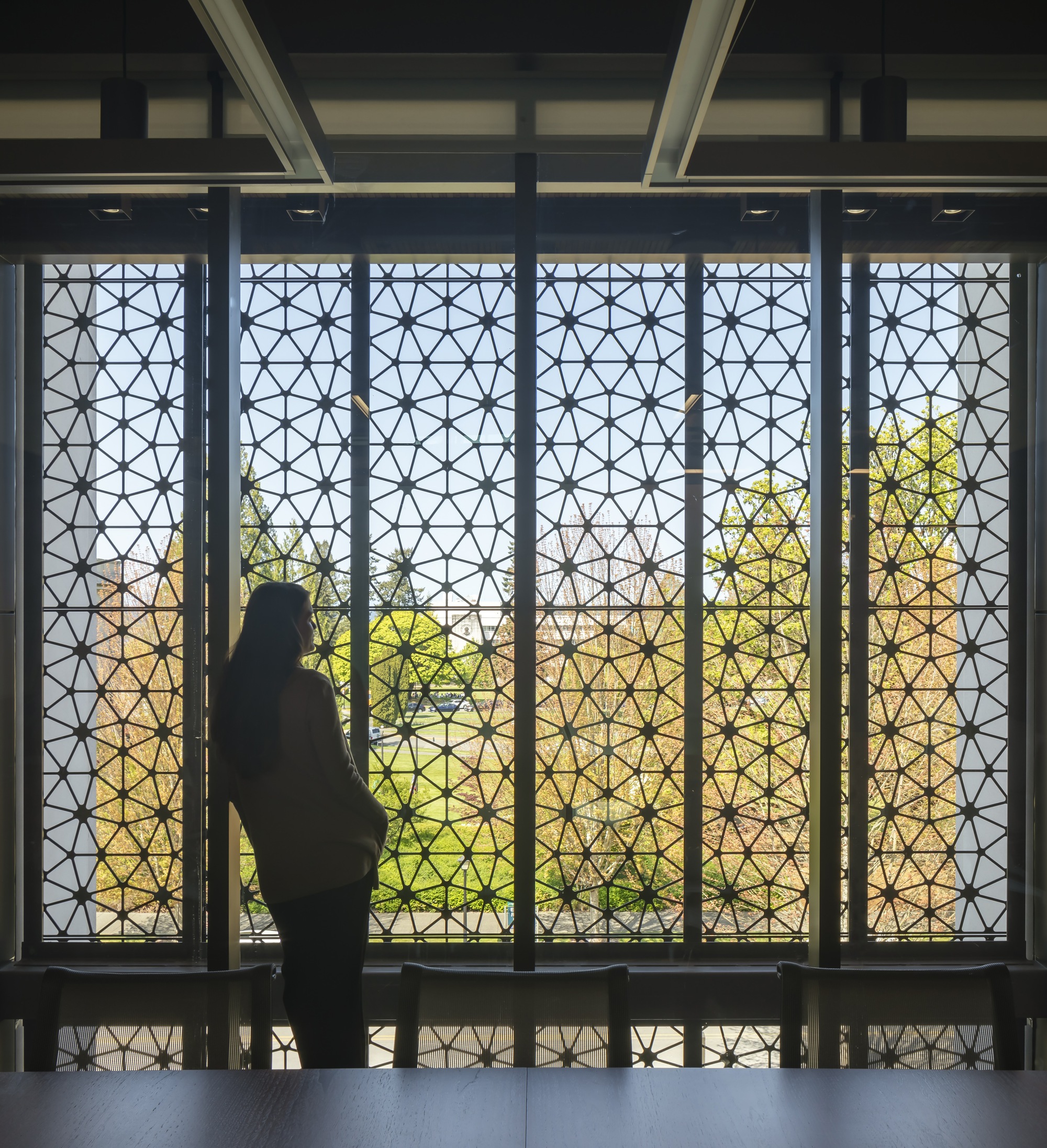 Silhouetted figure standing before patterned metal screens with autumn foliage visible beyond