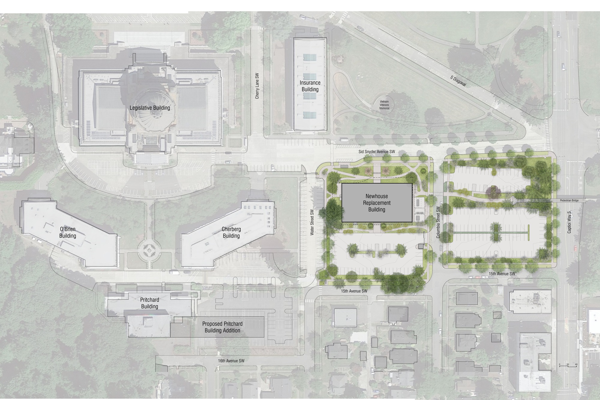 Site plan drawing showing existing campus buildings and proposed parking area with tree plantings