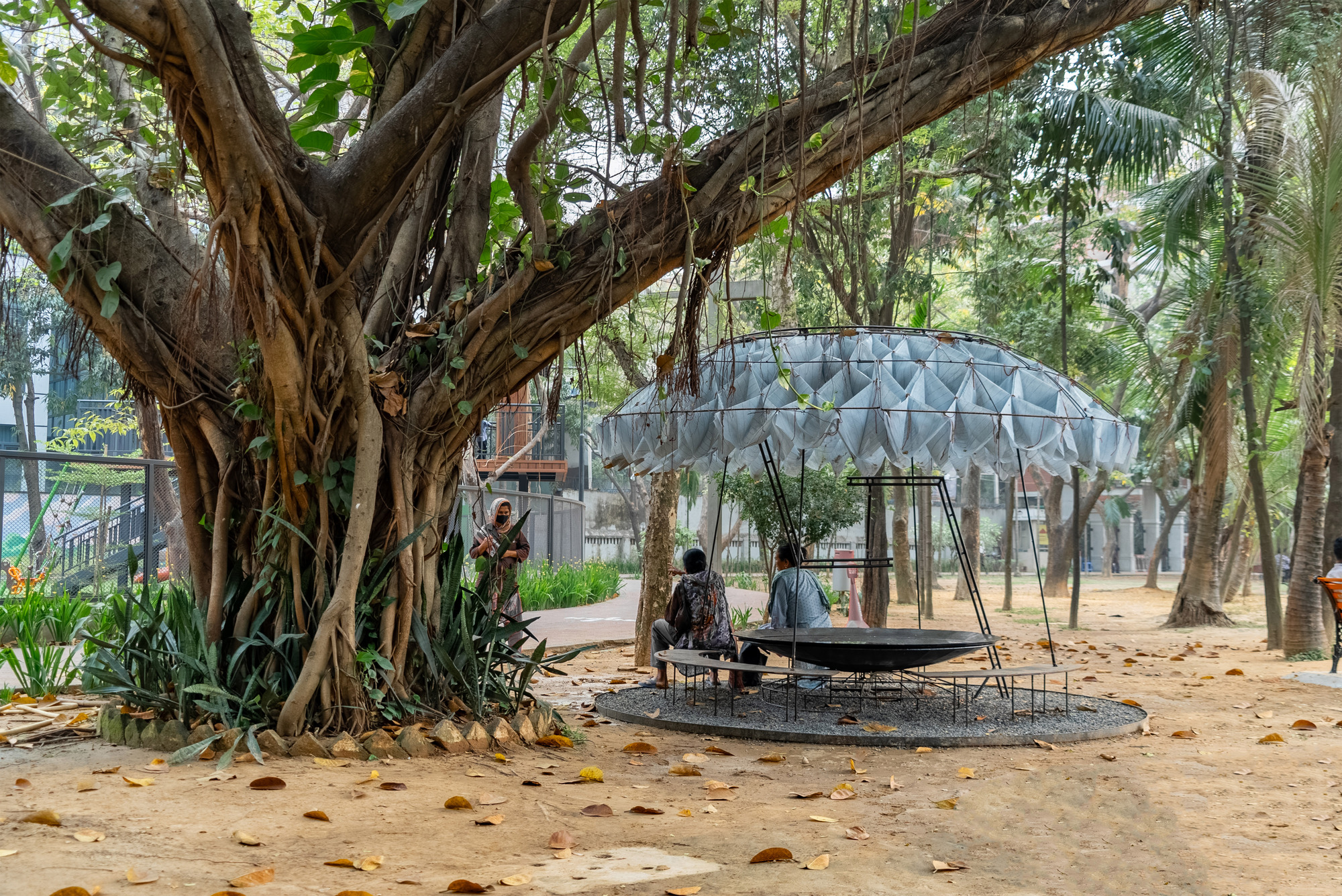 Circular shade pavilion with folded fabric canopy and steel frame beneath a large banyan tree