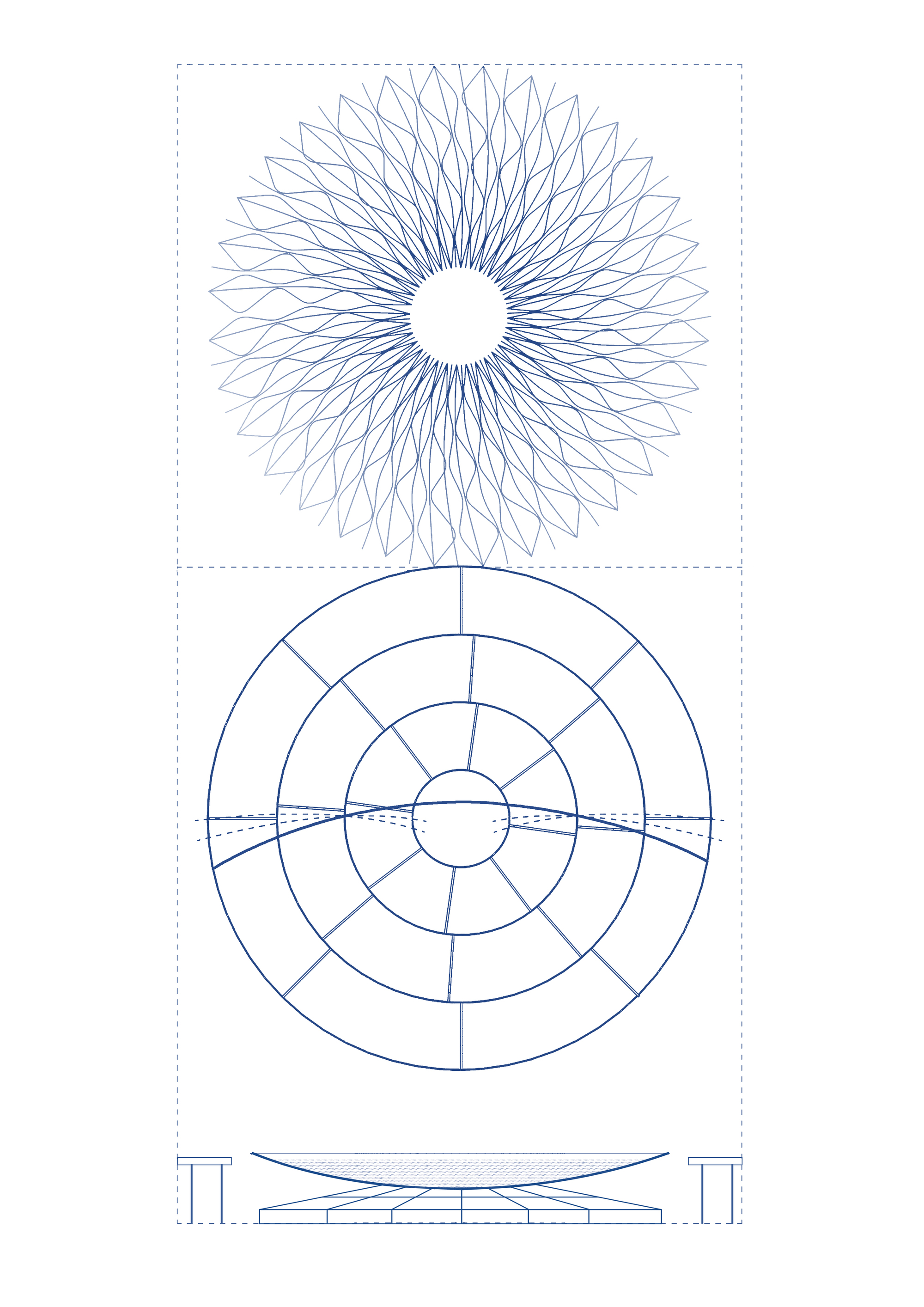 Plan and elevation drawings showing radial geometry with sunburst pattern and concentric circular elements