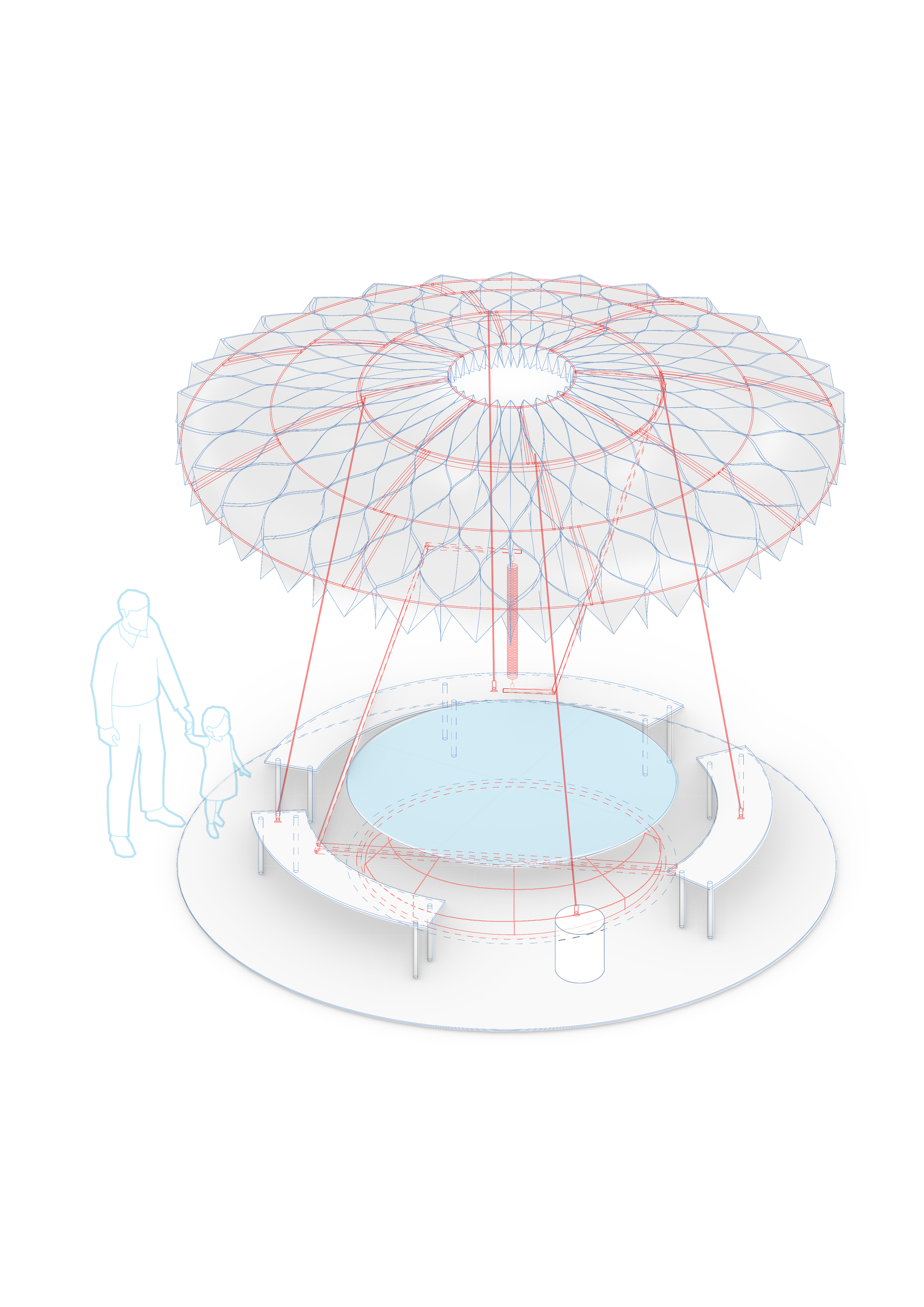 Axonometric drawing of circular pavilion with wireframe canopy and seating area with two figures