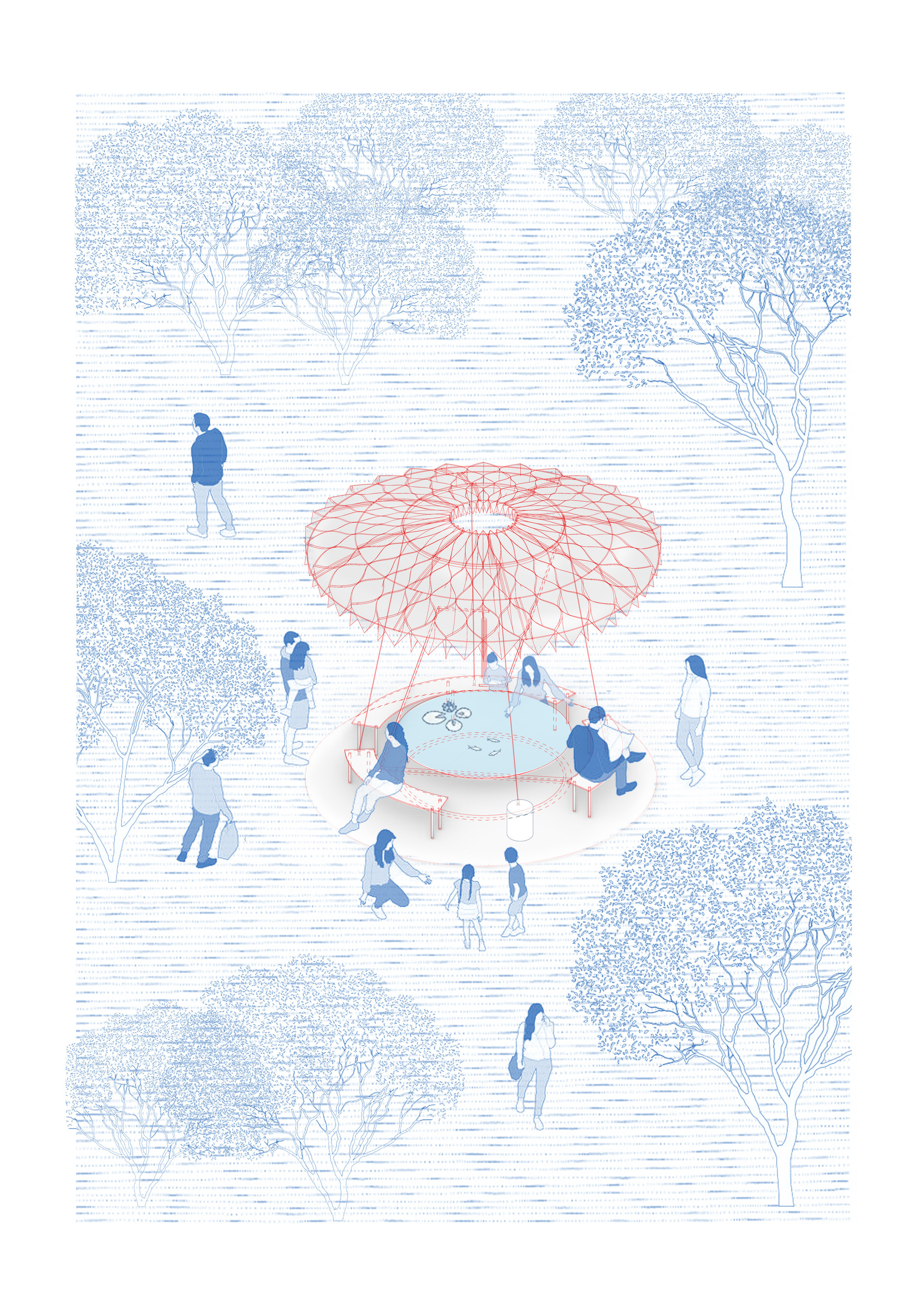 Illustration showing pavilion with lattice canopy surrounded by visitors and trees in a park setting