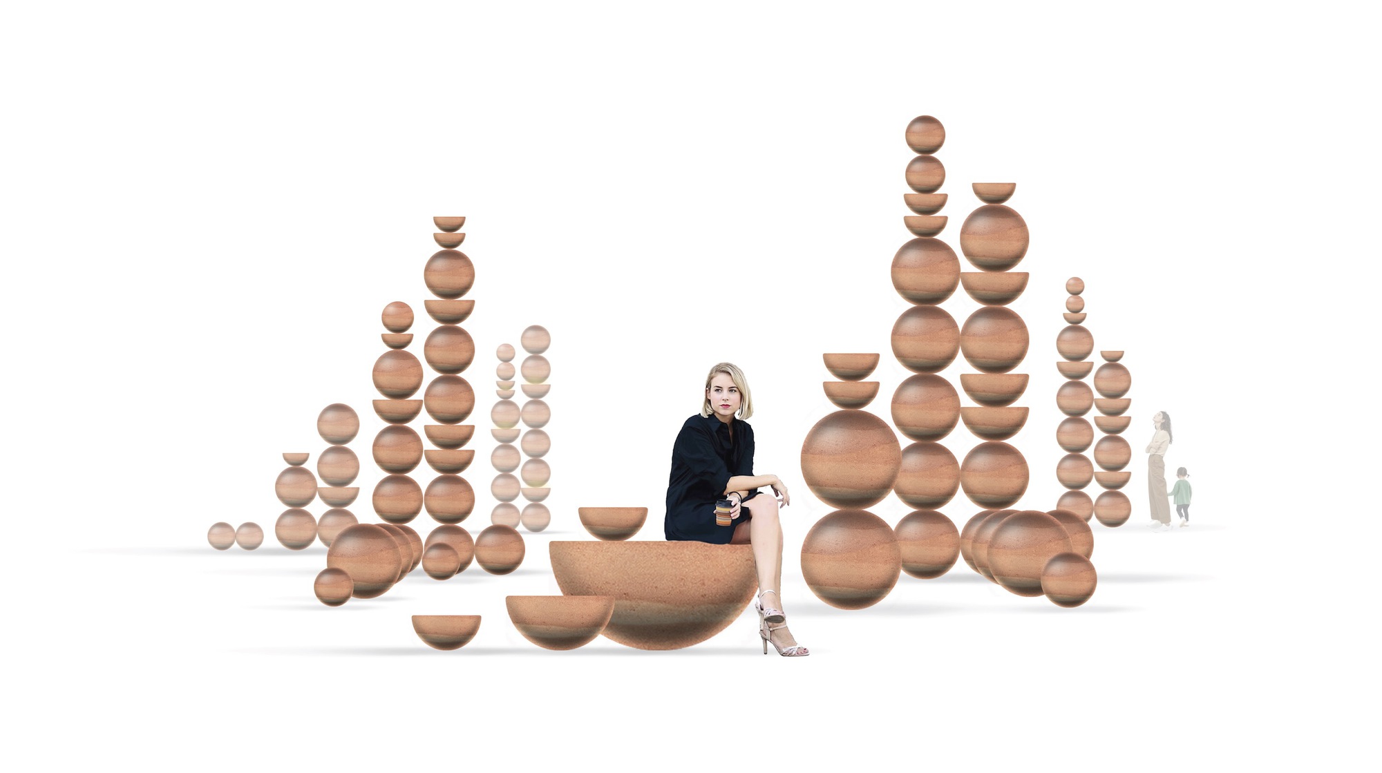 Arrangement of stacked timber spheres and hemispheres with a seated figure in white background