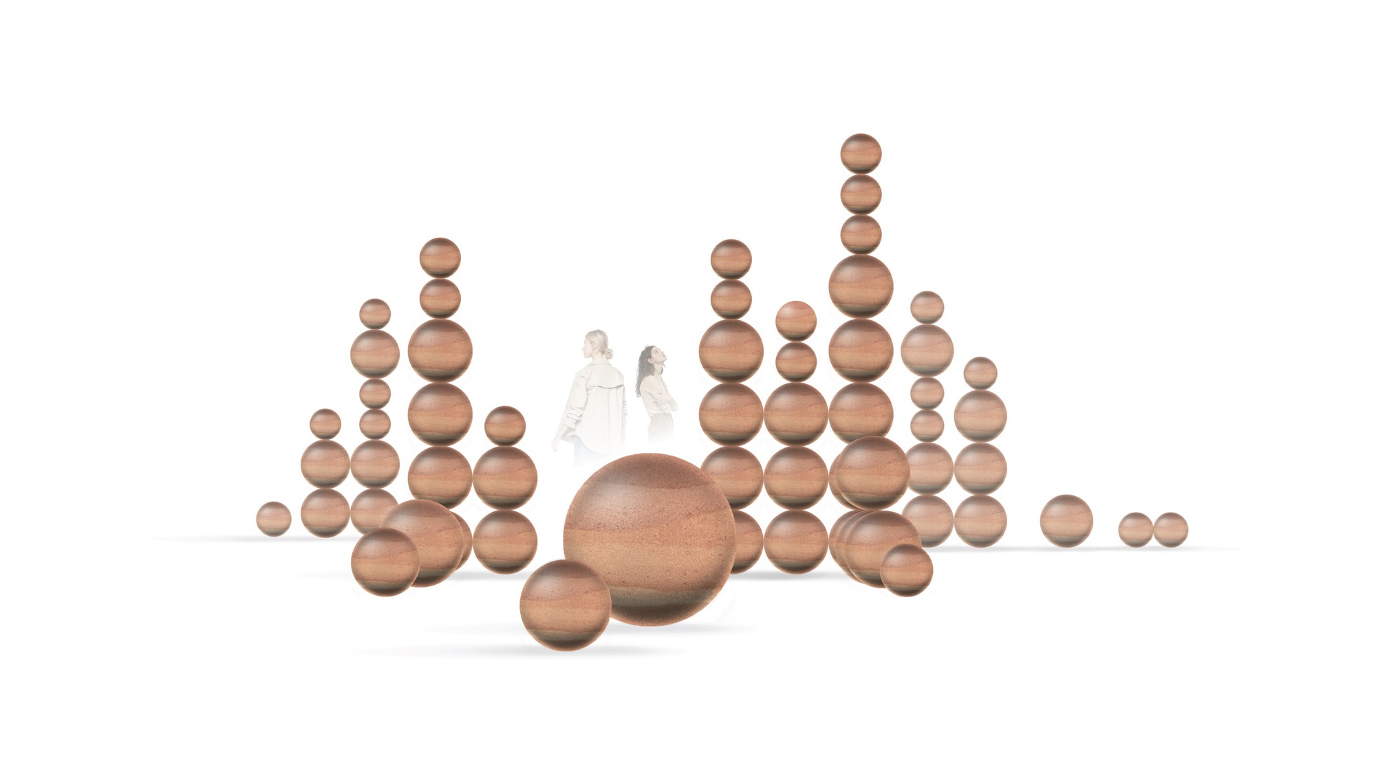 Grouped timber sphere towers with two figures walking between the sculptural elements