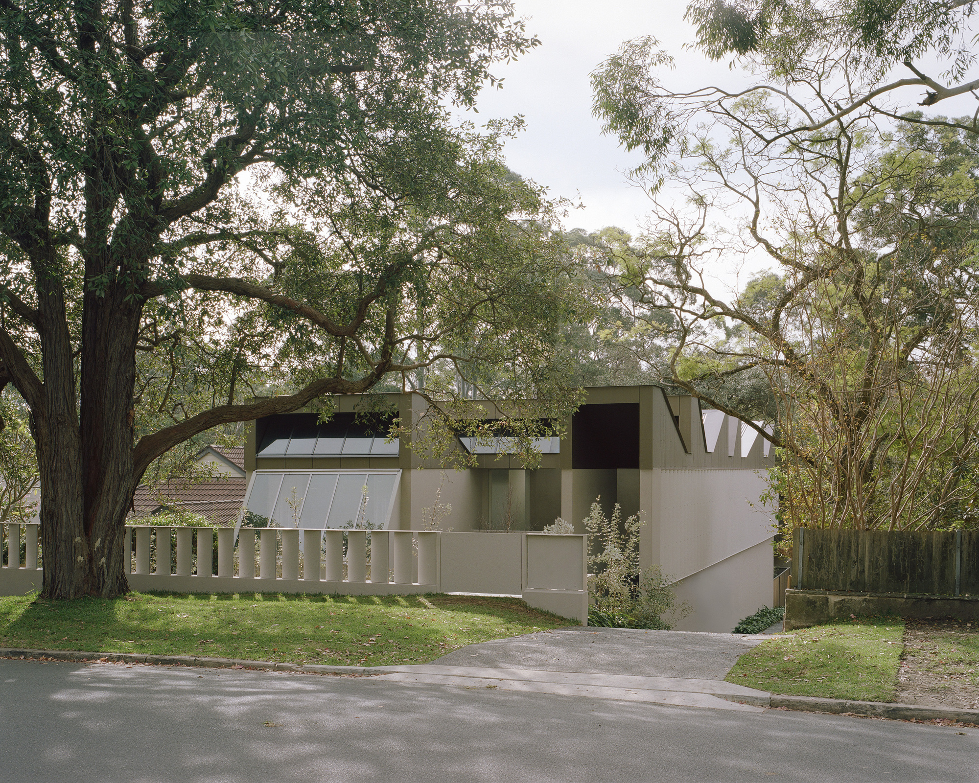 Street view of the muted green facade with clerestory windows beneath overhanging tree branches