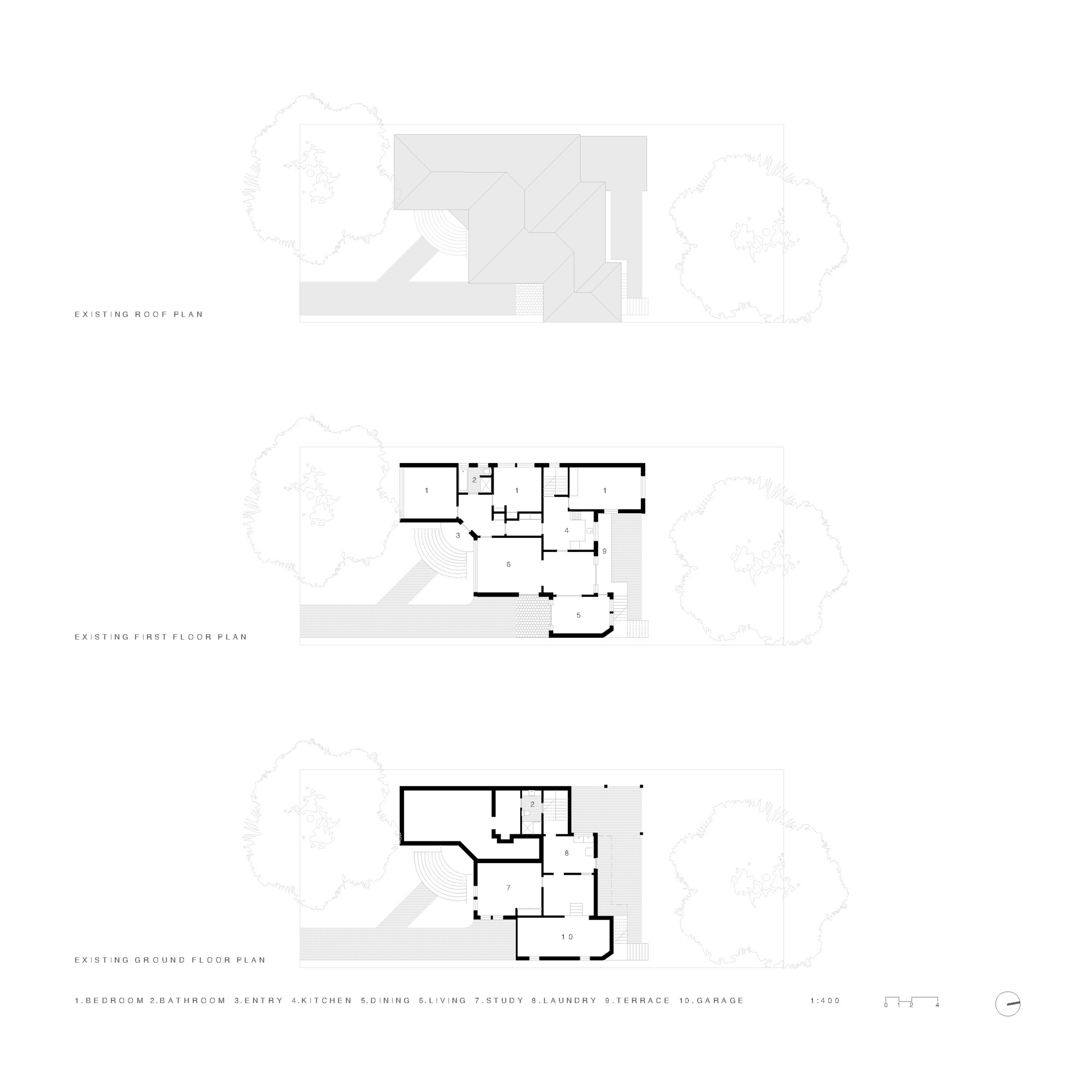 Floor plan drawings showing existing roof plan and first floor layout with surrounding tree canopies