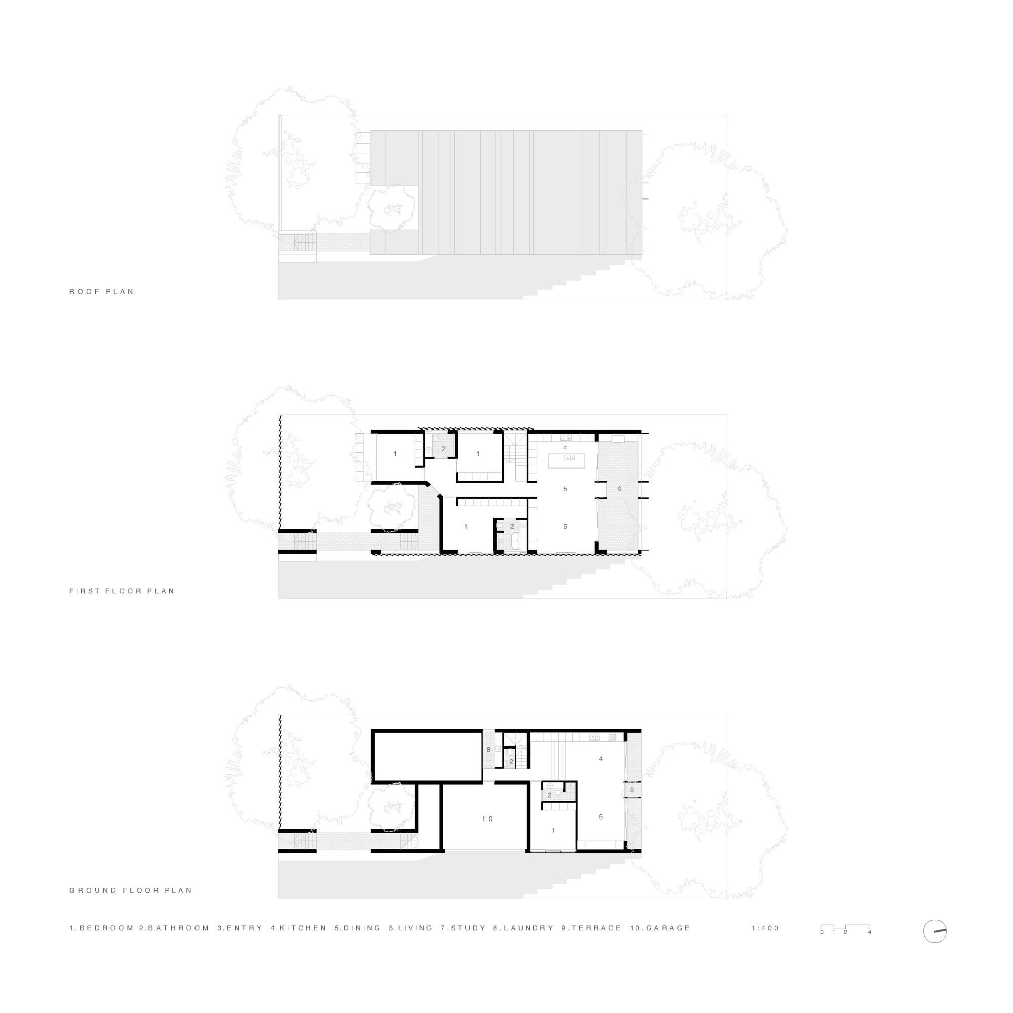 Floor plan drawings showing roof plan with timber decking and multi-level interior layout