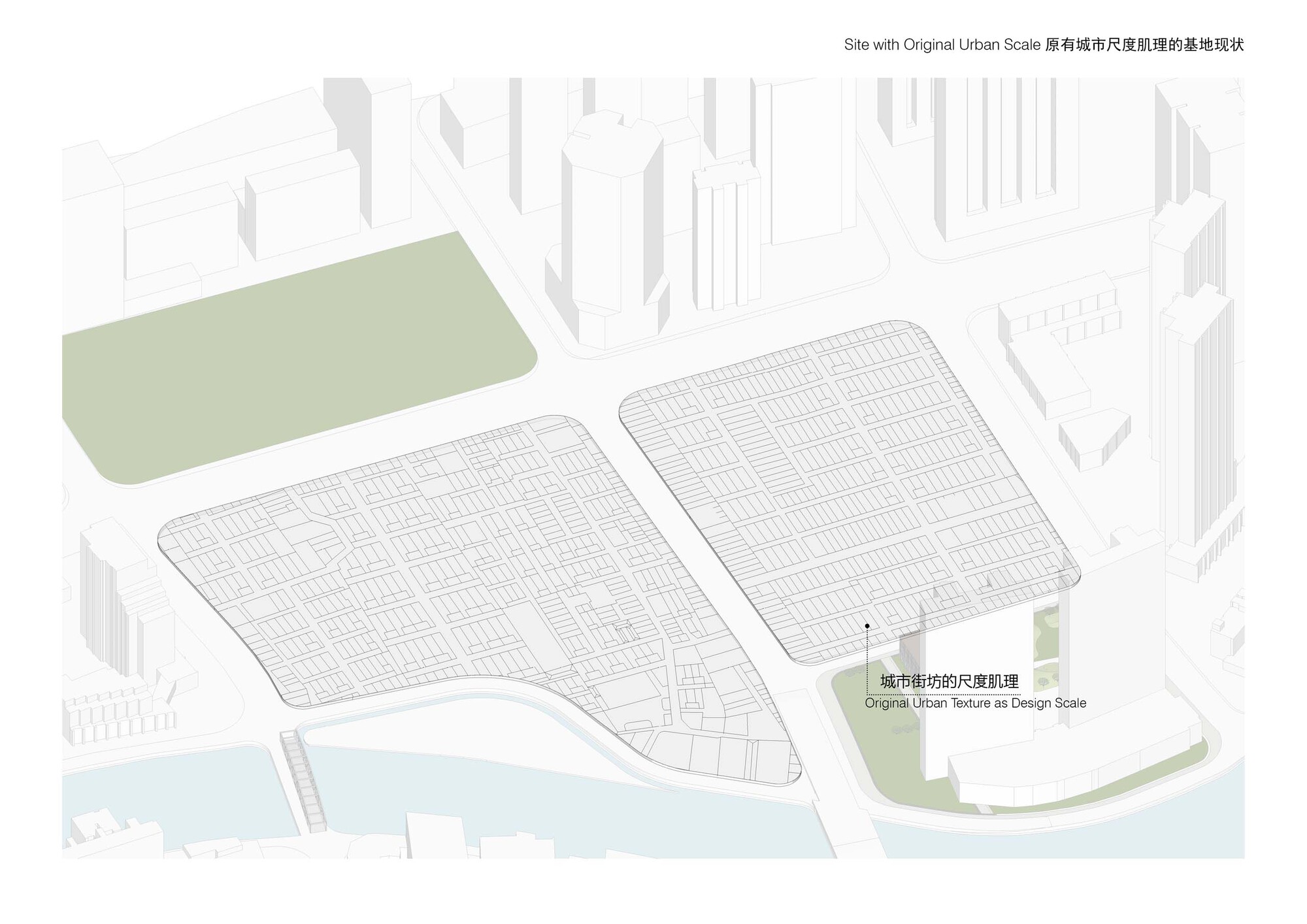 Site plan drawing showing two gridded volumes within surrounding urban fabric and green spaces