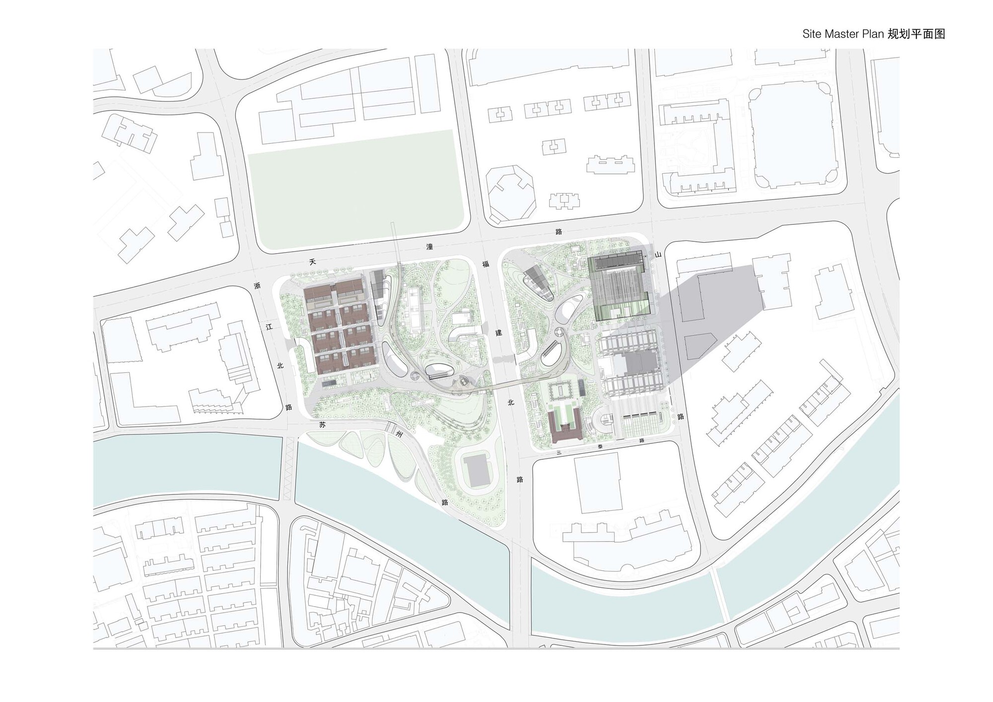 Master plan drawing showing building clusters with landscaping along a curved waterway