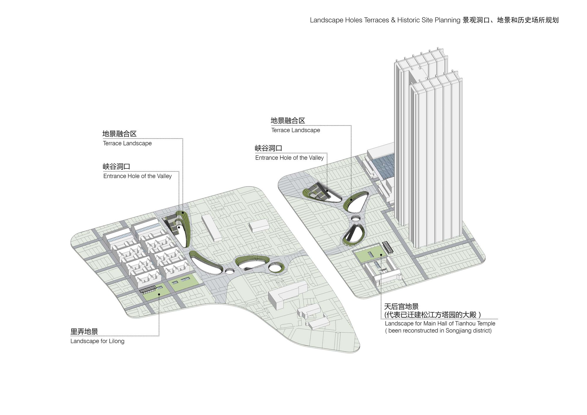 Axonometric drawing showing terraced platforms with oval openings and a vertical tower element