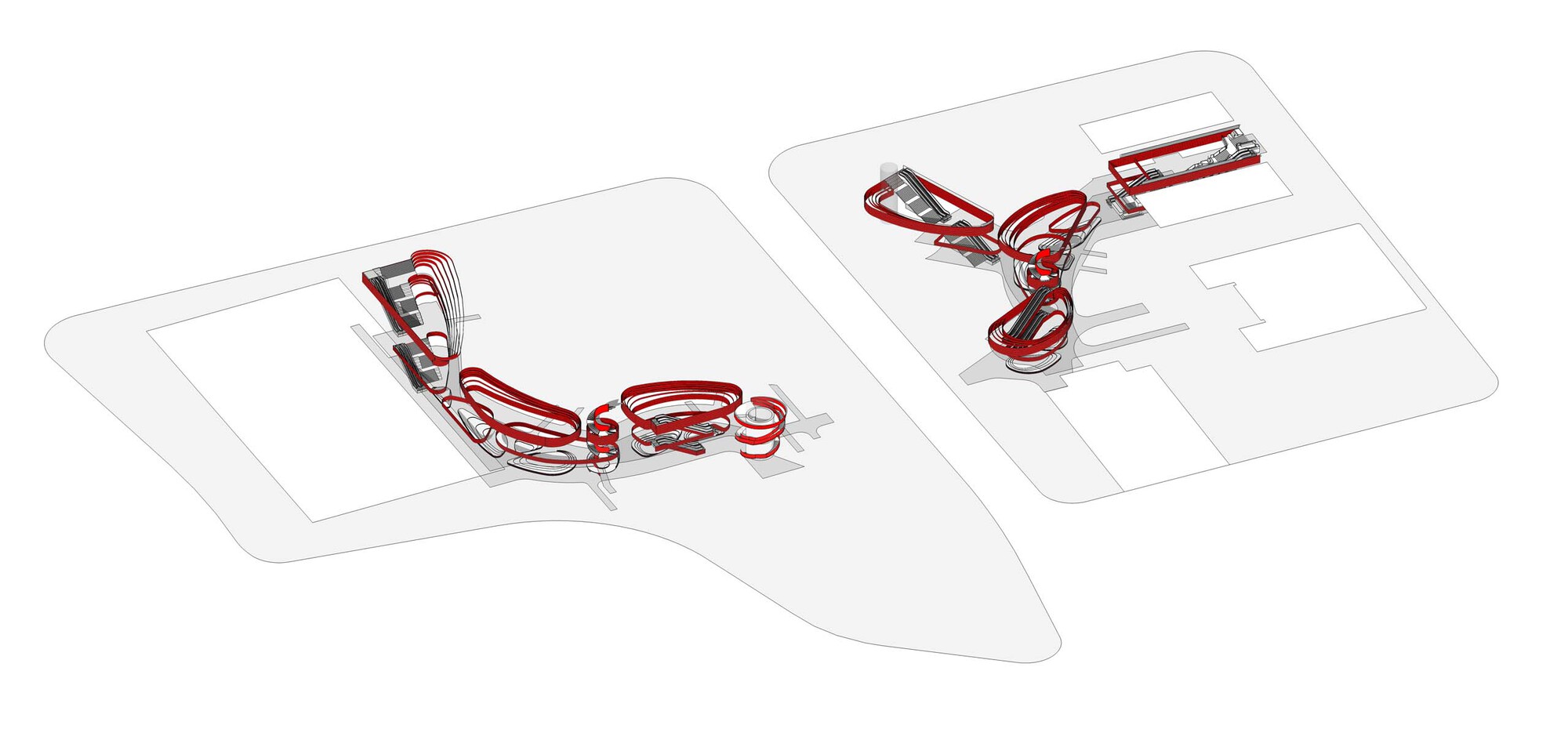 Axonometric diagram highlighting red circulation paths looping through two interconnected floor plates