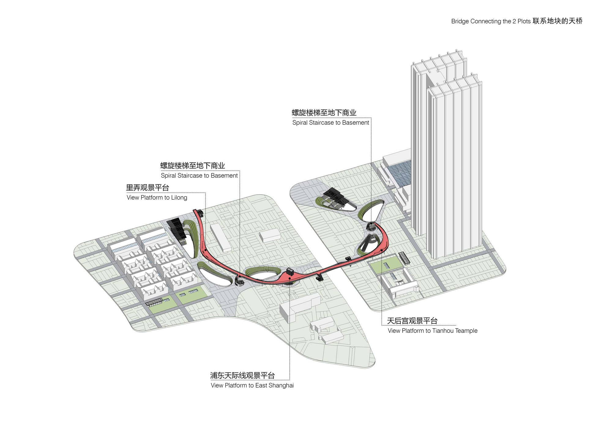 Isometric drawing illustrating curved pedestrian bridge and spiral staircases connecting tower to lower plaza levels