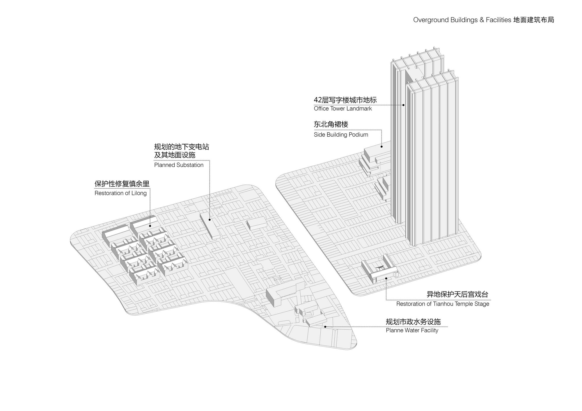 Isometric diagram depicting overground buildings, office tower, and restored landscape elements across the site