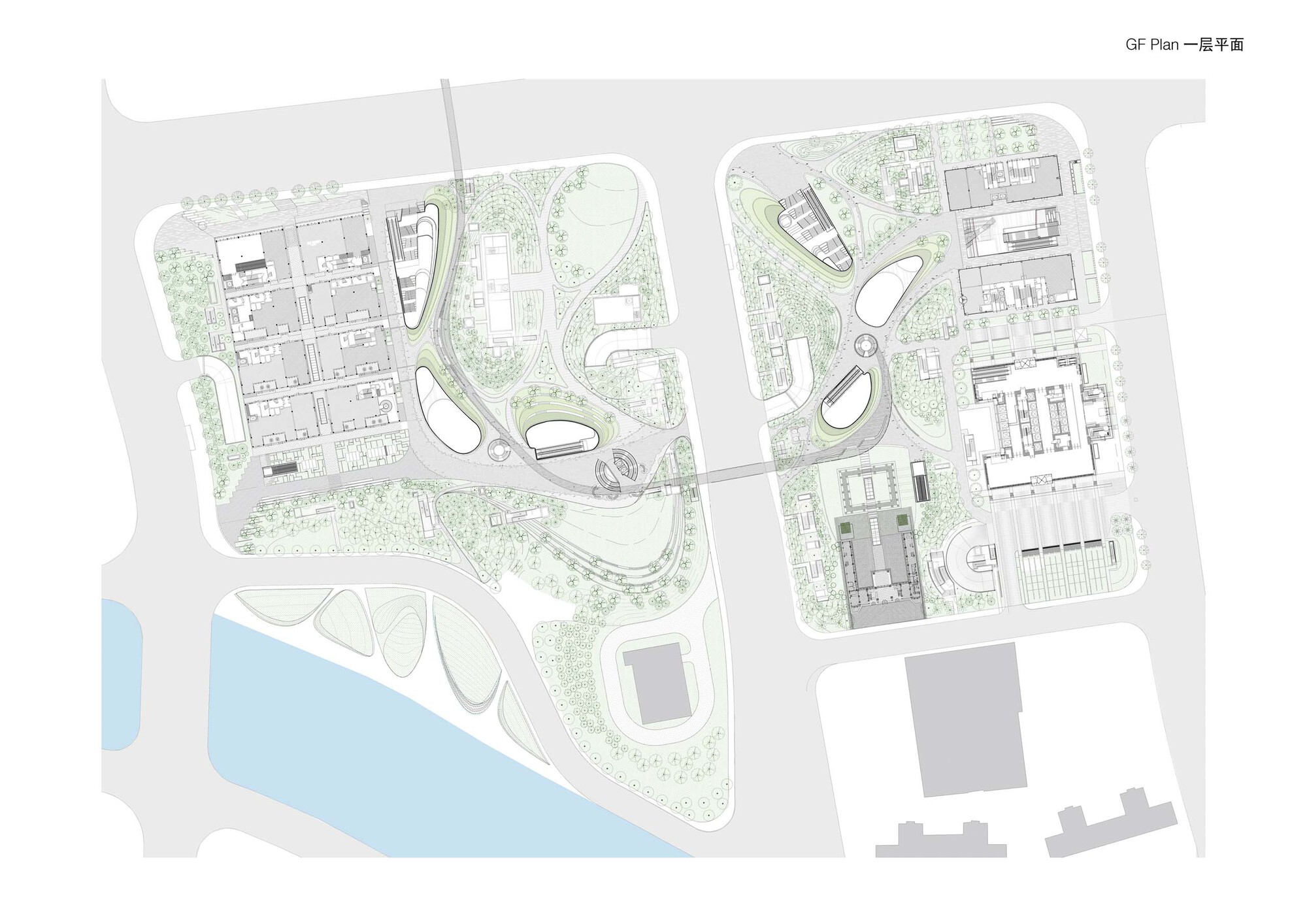 Ground floor plan drawing showing landscaped park with curving paths, water feature, and building footprints